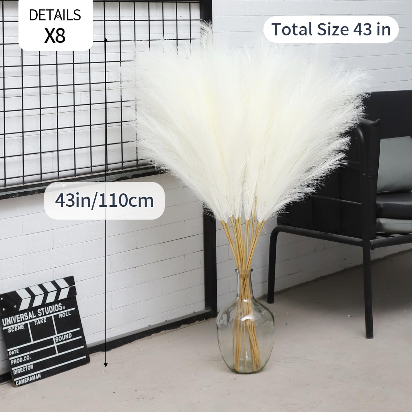 43" White Pampas Grass Fluffy - 8 PCS Tall Faux Pampas Grass Decor Artificial Pompas Grass for Floor Vase Filler Wedding Boho Home Baby Shower Mothers Day Decoration
