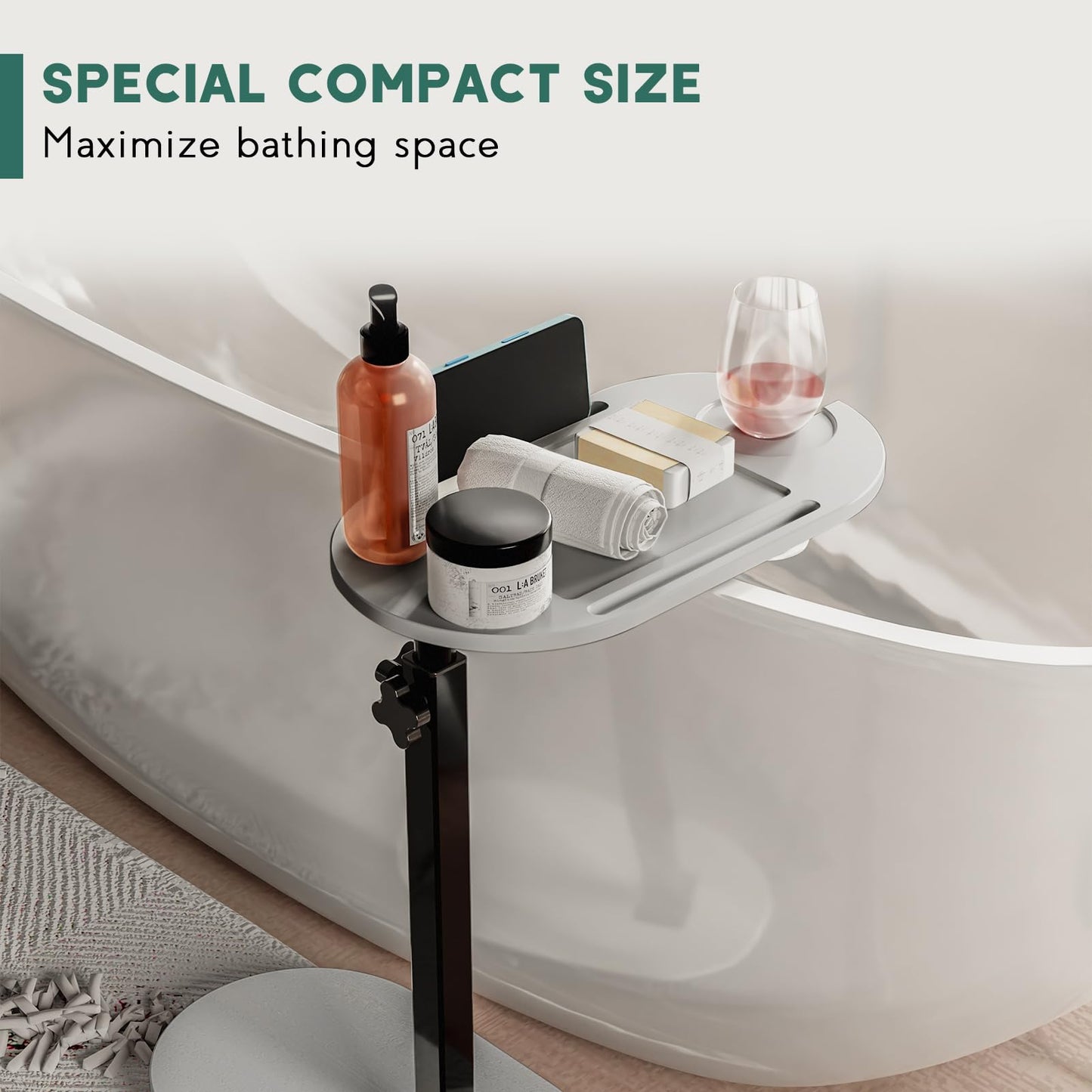 Yumkfoi Bamboo Bathtub Tray Table with Adjustable Height, Freestanding Bathtub Caddy for Tub Against Wall, Tub Organizer Suitable for Luxury Spa and House Warming - Patent Protected (Gray)