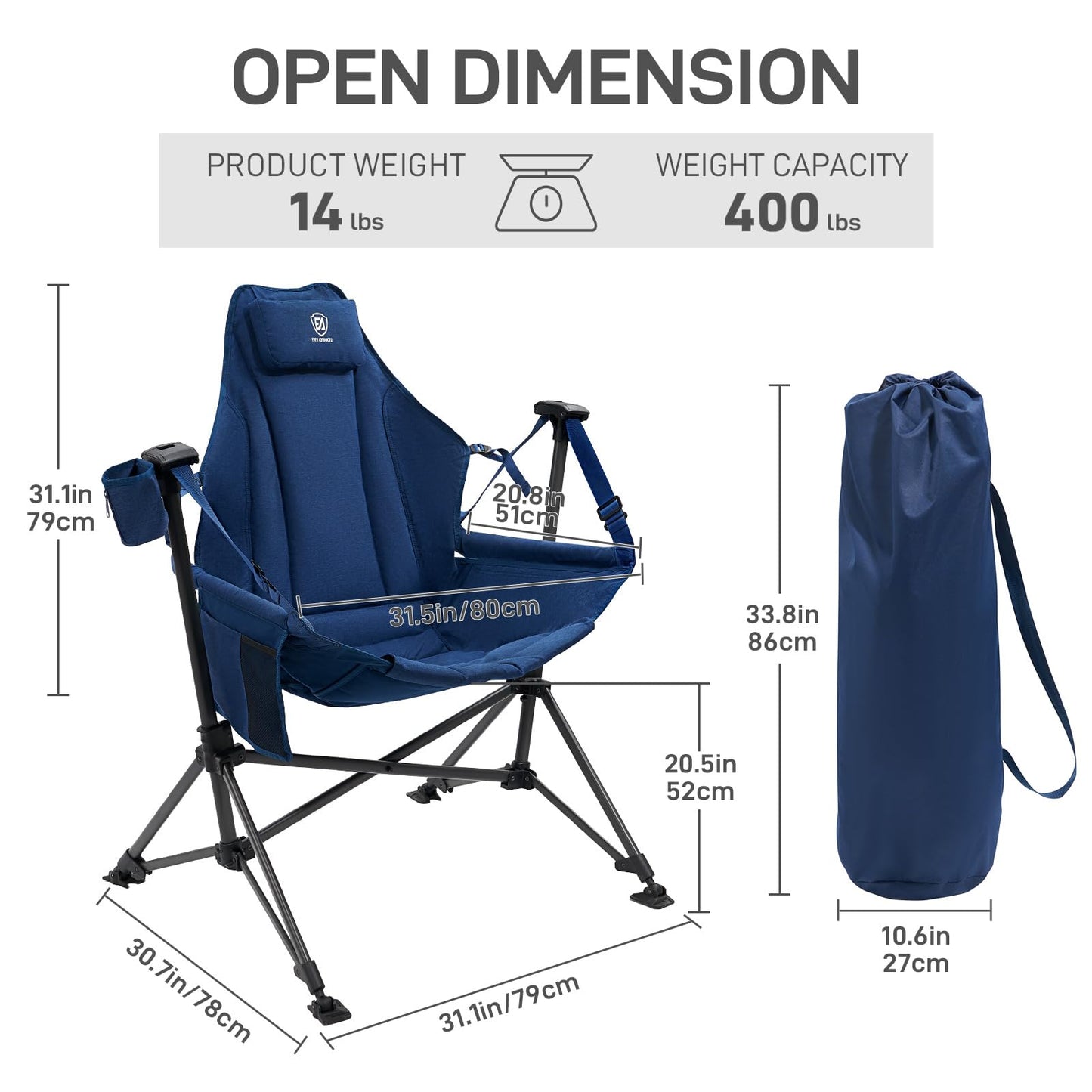 EVER ADVANCED Padded Hammock Camping Chair, Oversized Heavy Duty Swing Chair with Detachable Cup Holder, Portable Folding Rocking Camping Chair, Support Up to 400lbs, Blue