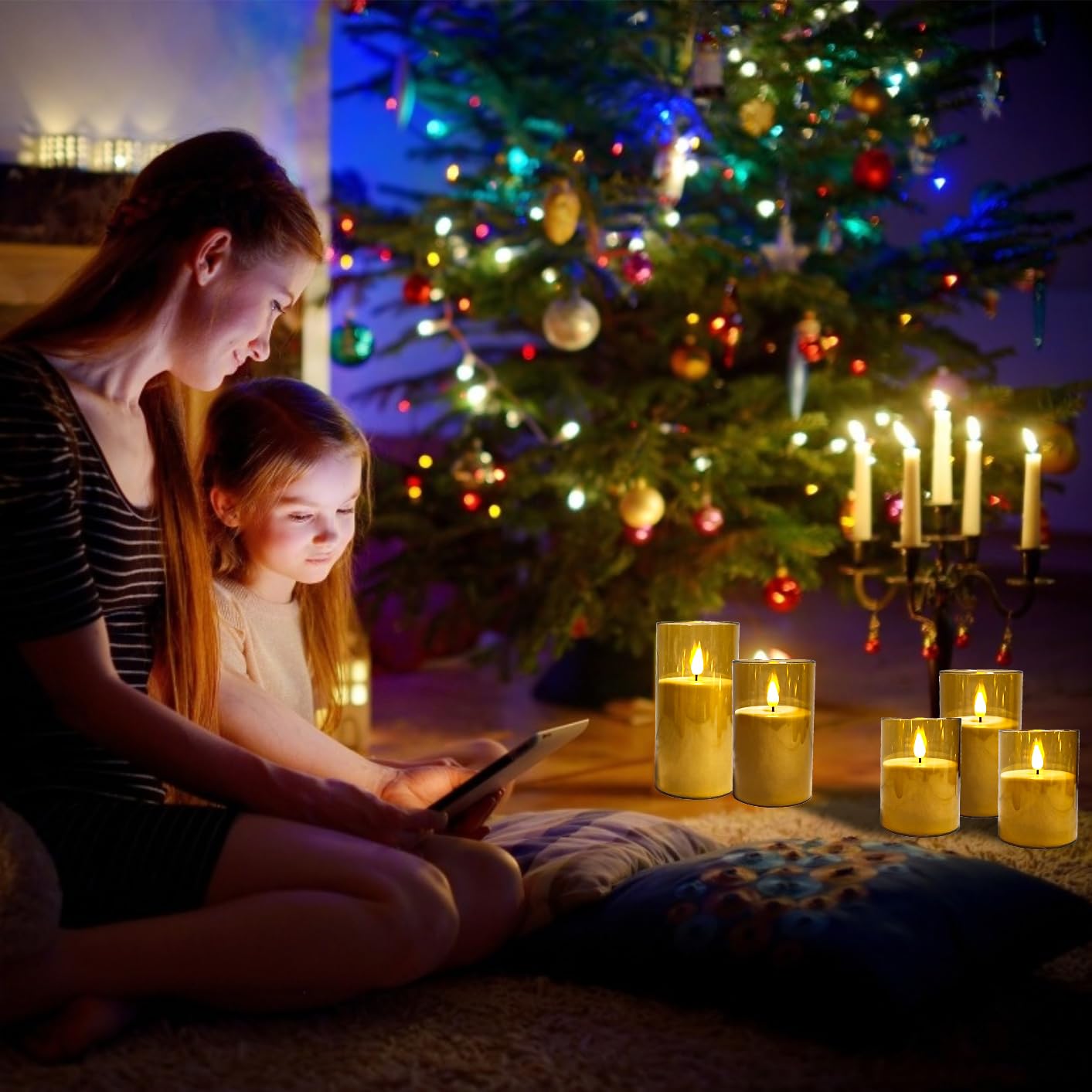 NICEME Amber Flickering Flameless Candles, Battery Operated Acrylic LED Pillar Candles with Remote Control and Timer Flameless Halloween Candles for Christmas New Year Home Decor, Set of 5