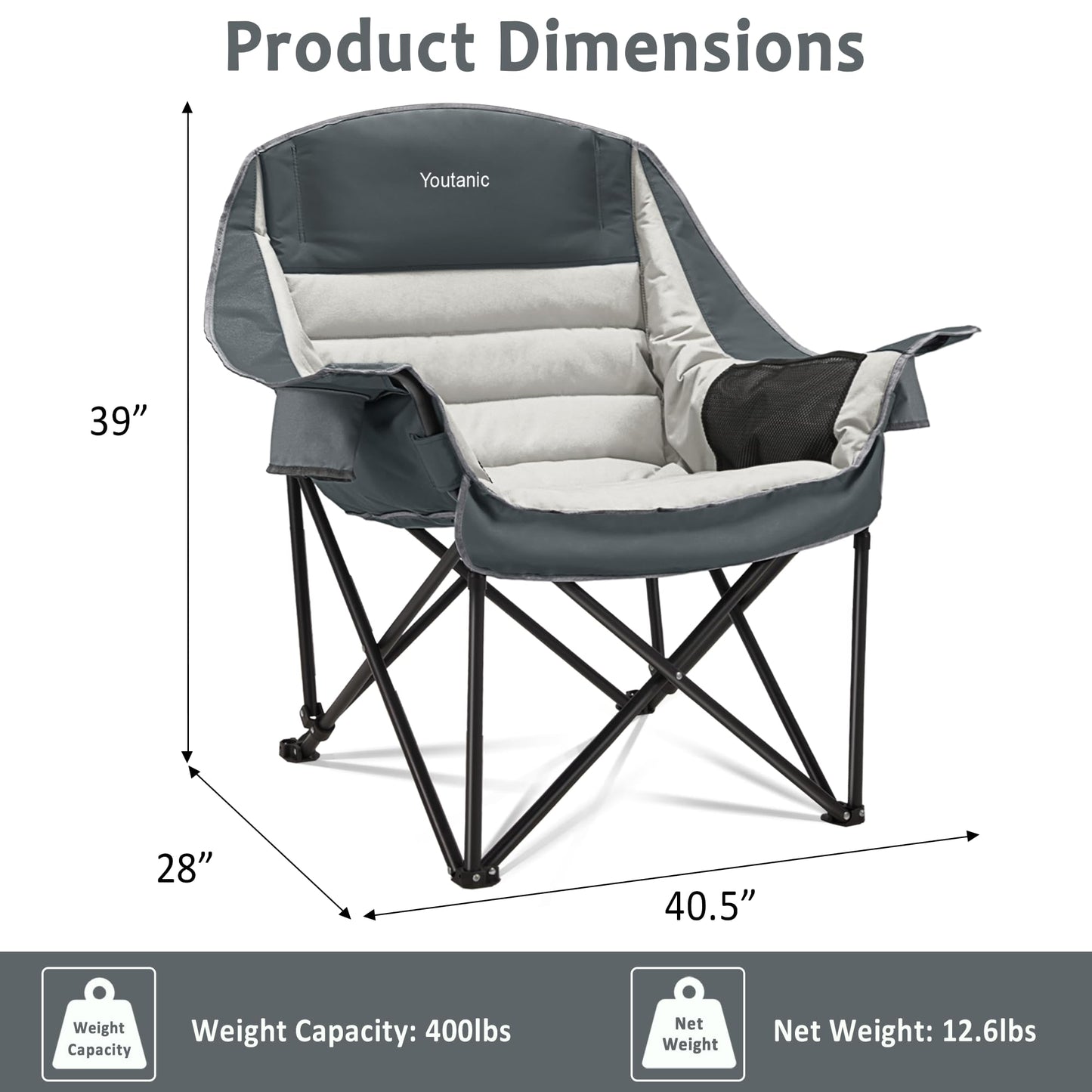 Youtanic Oversized Camping Chair, Portable Folding Camping Chairs with Side Pocket, Cup Holder and Carry Bag, Heavy Duty Outdoor Camping Chairs for Adults, Fishing, Sports, Trip, up to 400lbs, Style 8