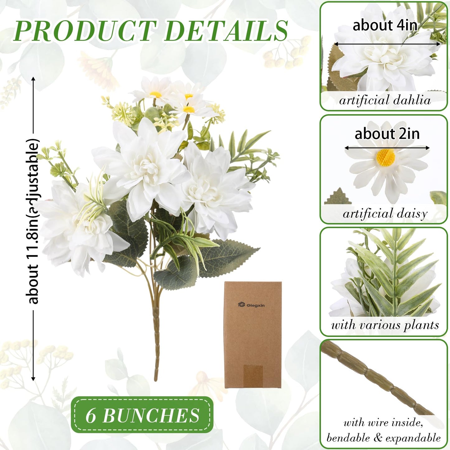 Giegxin 6 Bundles Artificial Dahlia Flowers Bouquets with Daisies Silk Flowers Artificial with Stems Floral Arrangements Faux Dahlias for Home Wedding Party Office Decor(White)