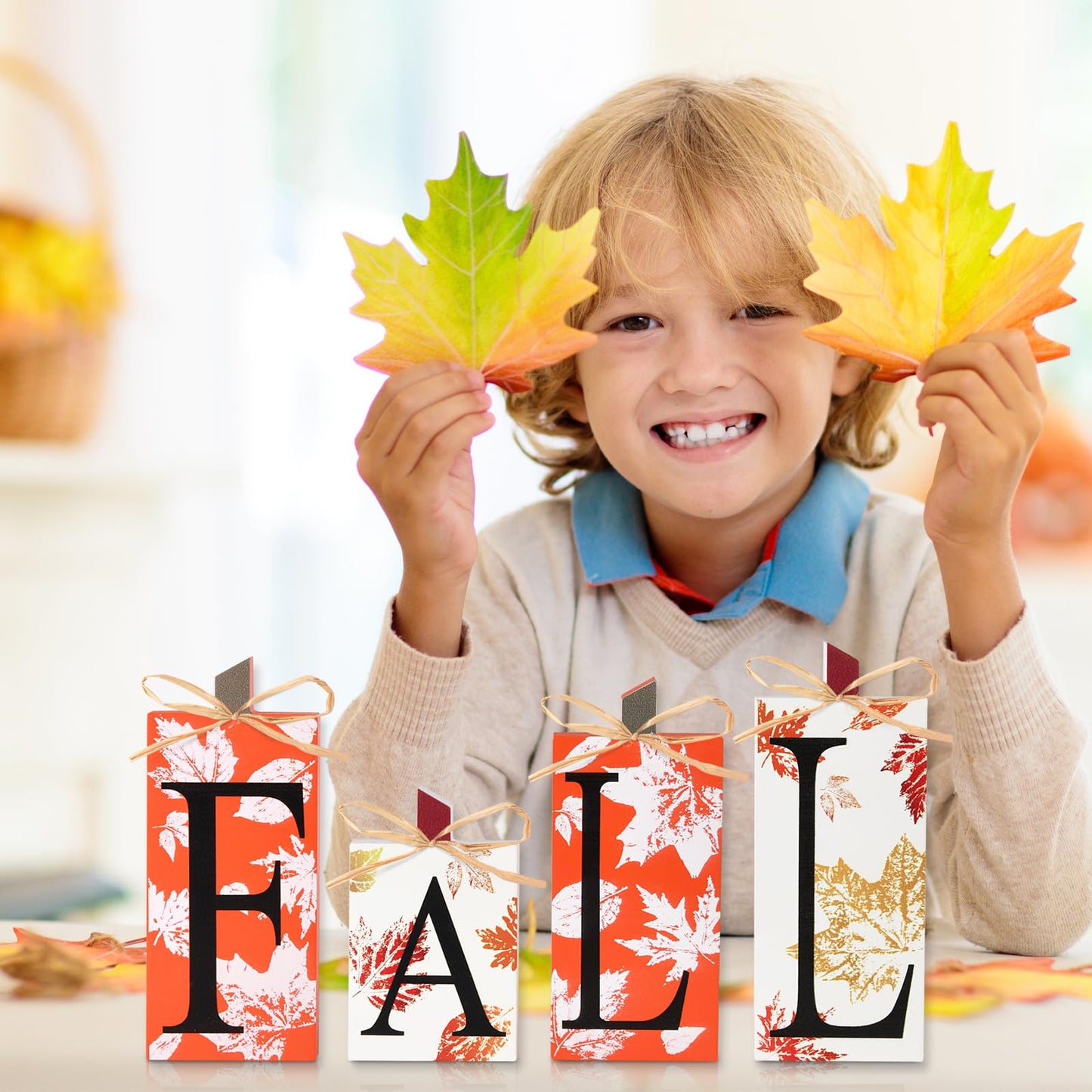 Fall Decorations for Home - 4 PCS Wood Fall Lettered Pumpkin Sign Block Set Autumn Centerpieces Decor for Tables Tabletop Desk Tiered Tray Farmhouse Harvest Thanksgiving Office Indoor Party Decor