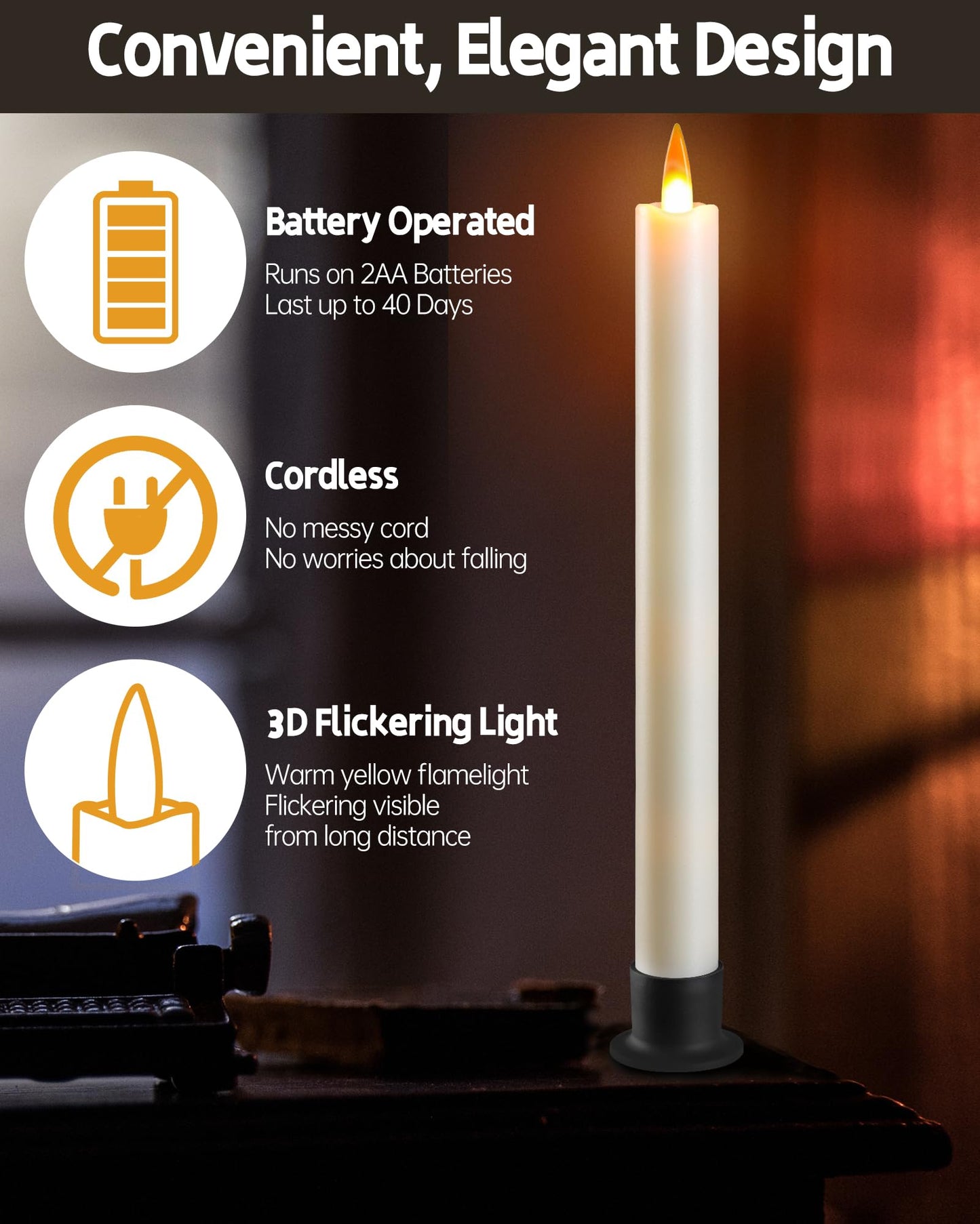 Da by 3 LED Flameless Table Candles with Remote Timer, 9.6 Inch Ivory Candle Holder, Battery Powered 3D Flickering False Flame Window Candle, Free 3 Black Bases