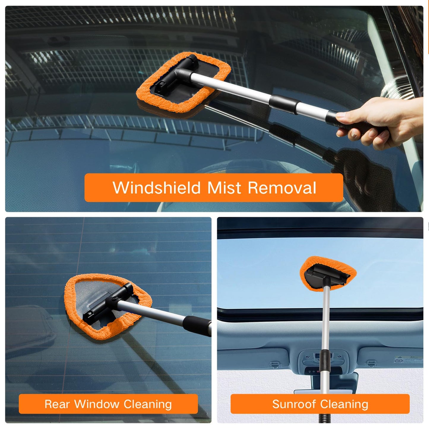 Qydipclin 10pcs Windshield Cleaner Tool, Car Window Cleaning Wash Kit with 4 Reusable Microfiber Pads 1 Spray Bottle and Extendable Handle Auto Glass Wiper Kit, Orange