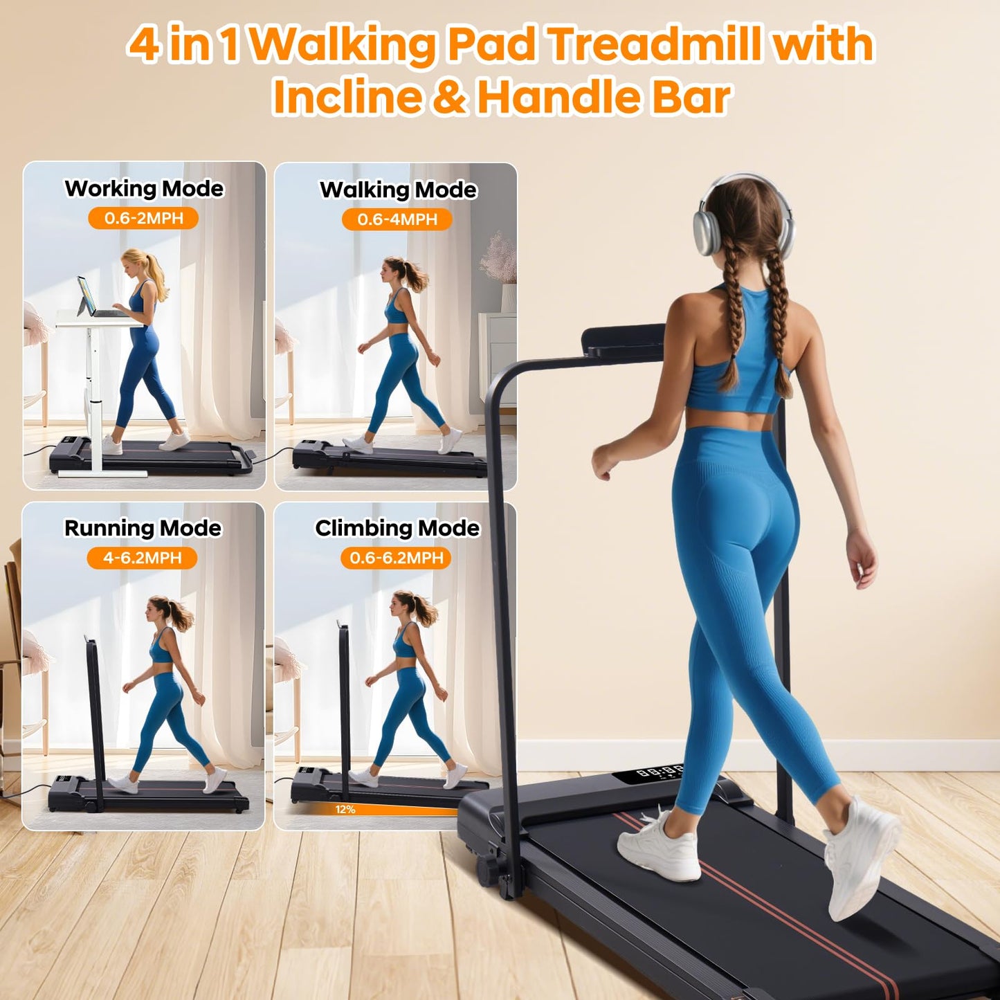 Walking Pad Treadmill with 12% Incline and Handle Bar, 3.0HP Folding Foldable Treadmills for home small, Portable Small Treadmill with Handles, Small Treadmills with Incline and Remote, 320LB Capacity