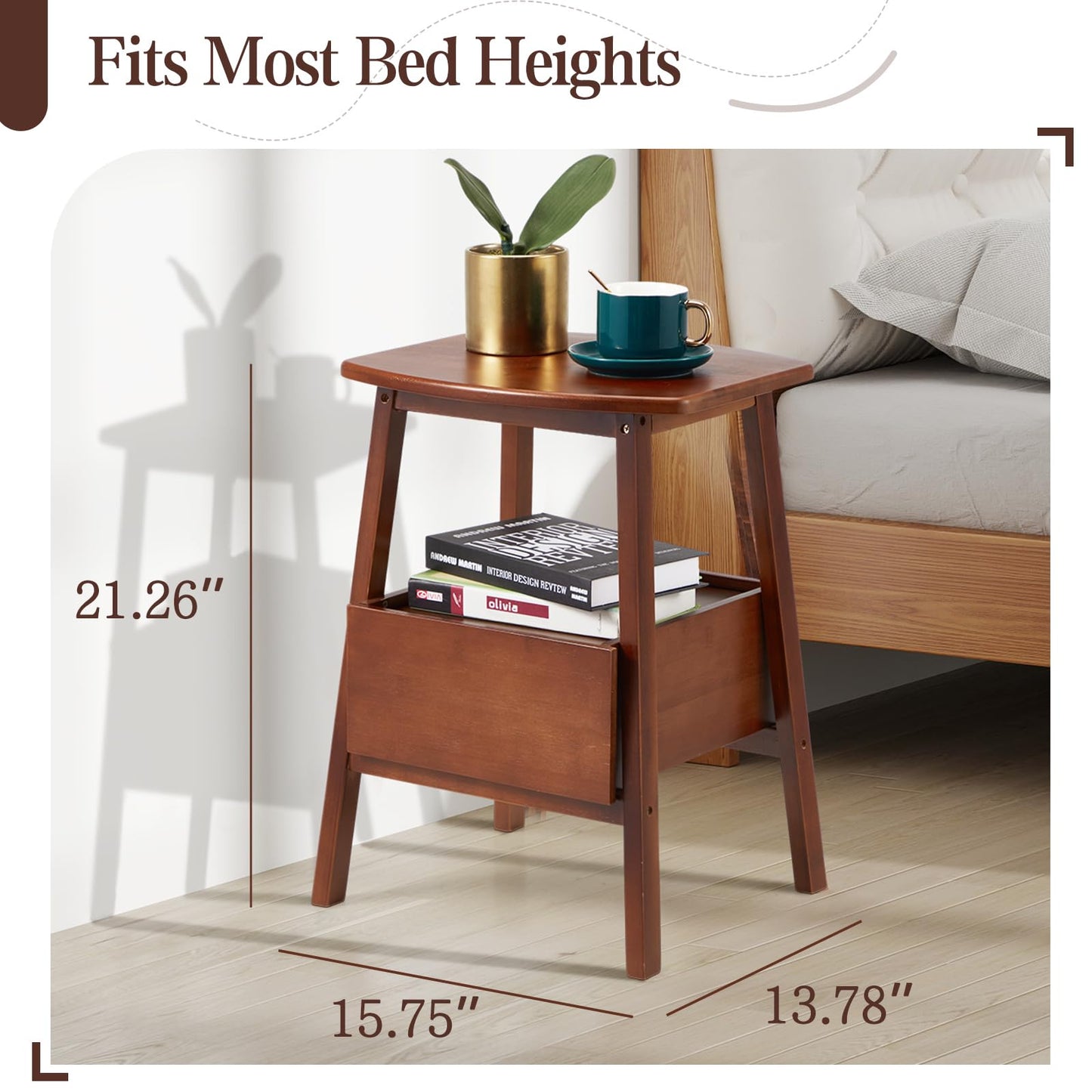 Danrelax Nightstand with Drawer and Storage Shelf, Small Bedside Table for Bedroom, Sturdy & Stylish Brown Bamboo Bed Side Table
