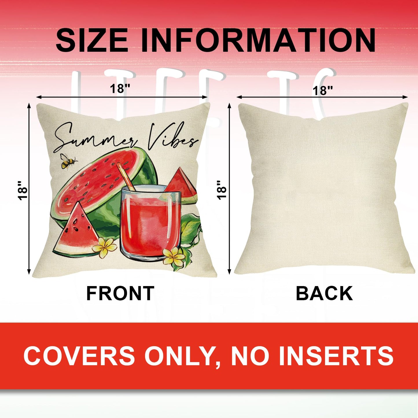 Ussap Hello Summer Watermelon Decorative Throw Pillow Covers 18 x 18 Set of 4, Life is Sweet Red Green Stripes Cushion Case Decor, Summer Vibes Fruit Juice Bees Seasonal Home Decoration for Sofa Couch