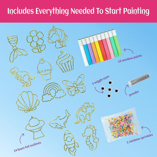 goldentime Create Your Own Fun Window Art Kit for Kids Ages 6+ Including 14 DIY Suncatchers with 10 Window Paints, Glitter & Googly Eyes –Perfect Kids Window Painting Craft Kit for DIY Window Art