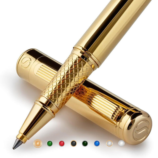 Scriveiner Black Lacquer Rollerball Pen - Stunning Luxury Pen, Real Gold Plating, Schmidt Ink Refill, Best Roller Ball Gift Set for Men & Women, Professional, Executive Office, Nice Pens