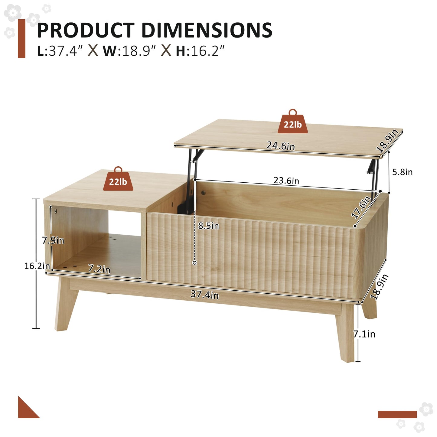 LYNCOHOME Fluted Lift Top Coffee Table with Hidden Compartment, Modern Center Table for Living Room, Home Office, Natural