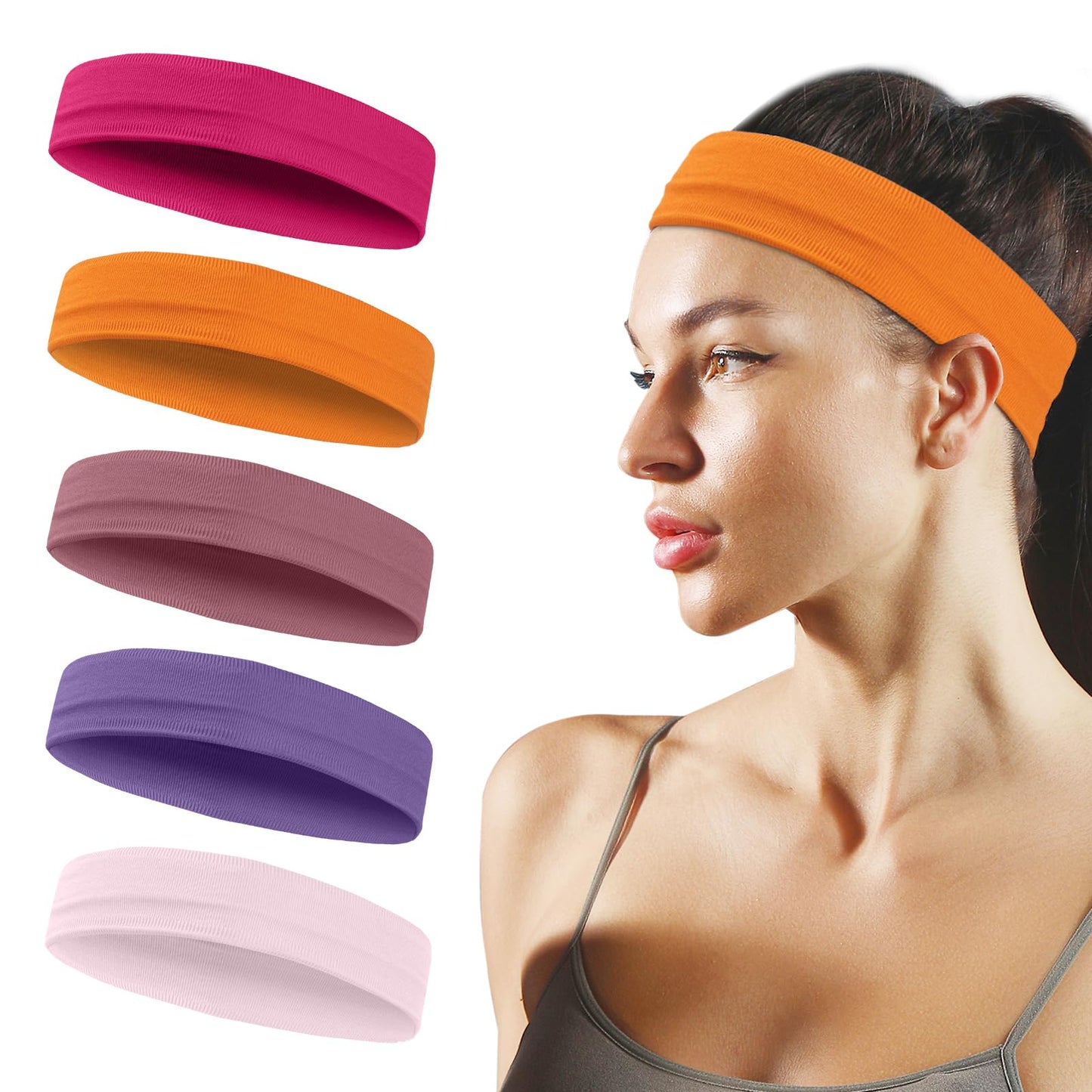 Sports Headbands for Women, 5 Pack Moisture Wicking Non Slip Sweatbands Fashionable Hairbands for Workout Yoga Running Gym