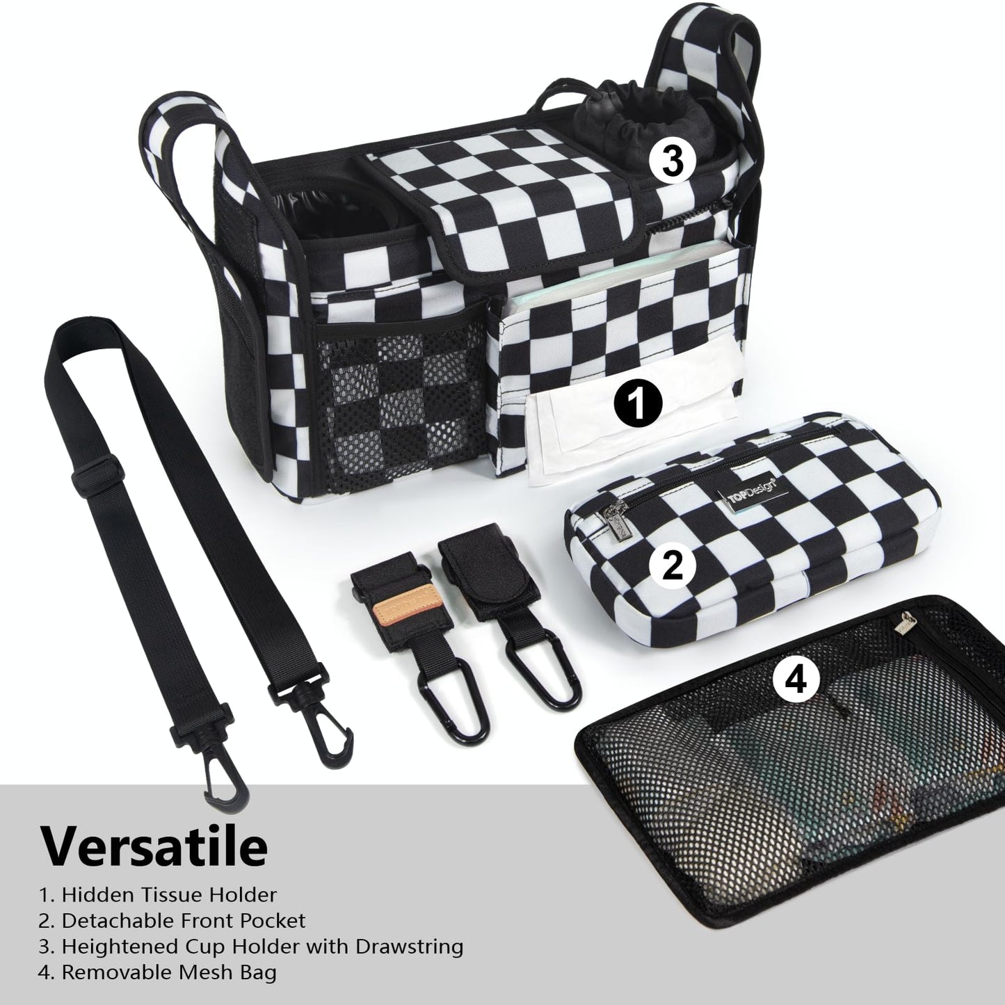 TOPDesign Universal Baby Stroller Organizer, Stroller Caddy with Detachable Mesh Bag & Heightened Insulated Cup Holders & Non-Slip Secure Hooks Accessories, Fits Most Strollers (Checkerboard)