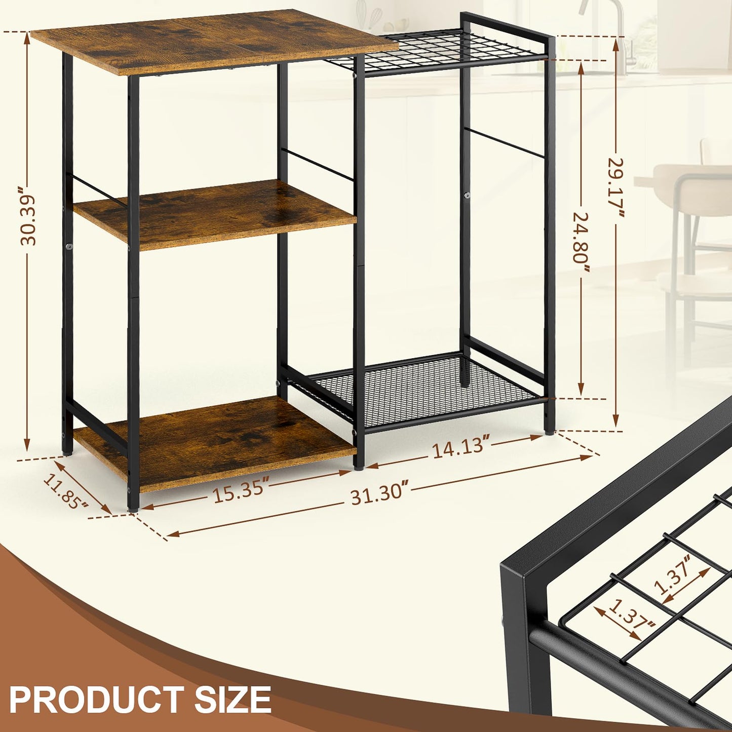 Kitchen Stand with Pots Rack, Utility Microwave Oven Stand with Storage, 5 Tiers Coffee Bar Table, Small Kitchen Bakers Rack with 6 S Hooks, Kitchen Storage Shelf Rack for Spices, Pots, Rustic Brown