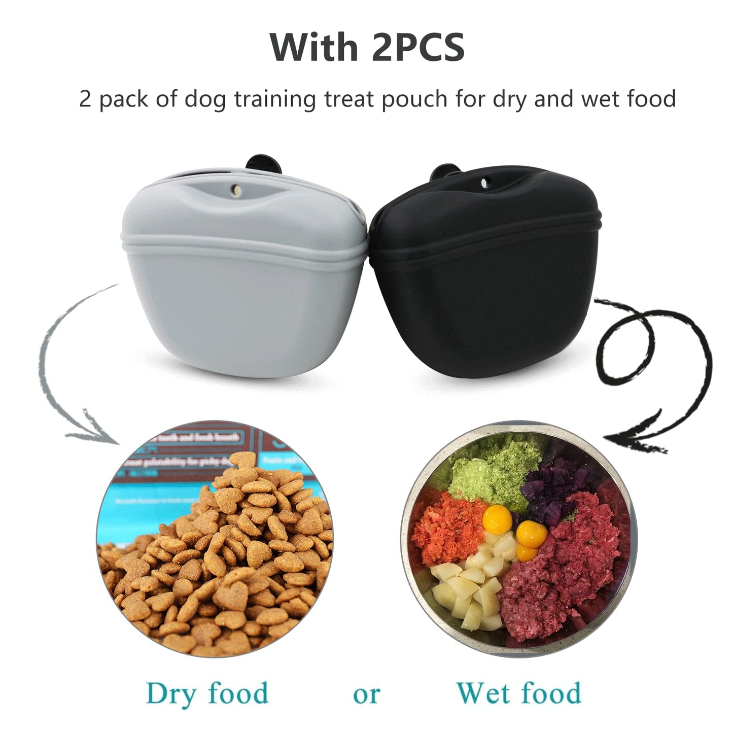 MGKSHADOW Dog Treat Pouch 2 Pack, Dog Treat Training Pouch, Silicone Pet Treat Bag BPA Free/Clip/Magnetic Dog Walk (Grey & Black)