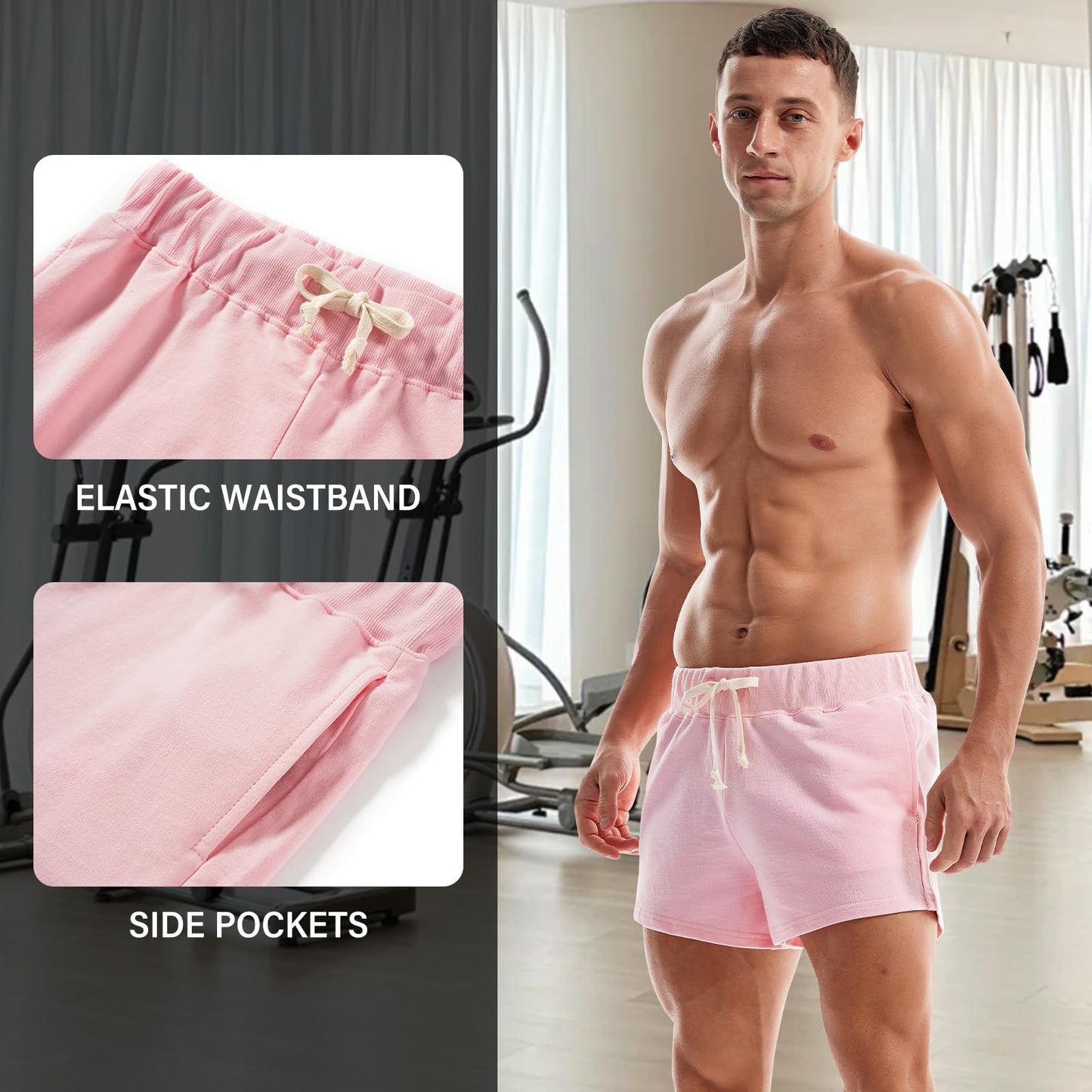 AMY COULEE Mens Sweat Shorts Cotton 3 inch Training Workout Gym Shorts Casual Running Shorts with Pockets (L, Pink)