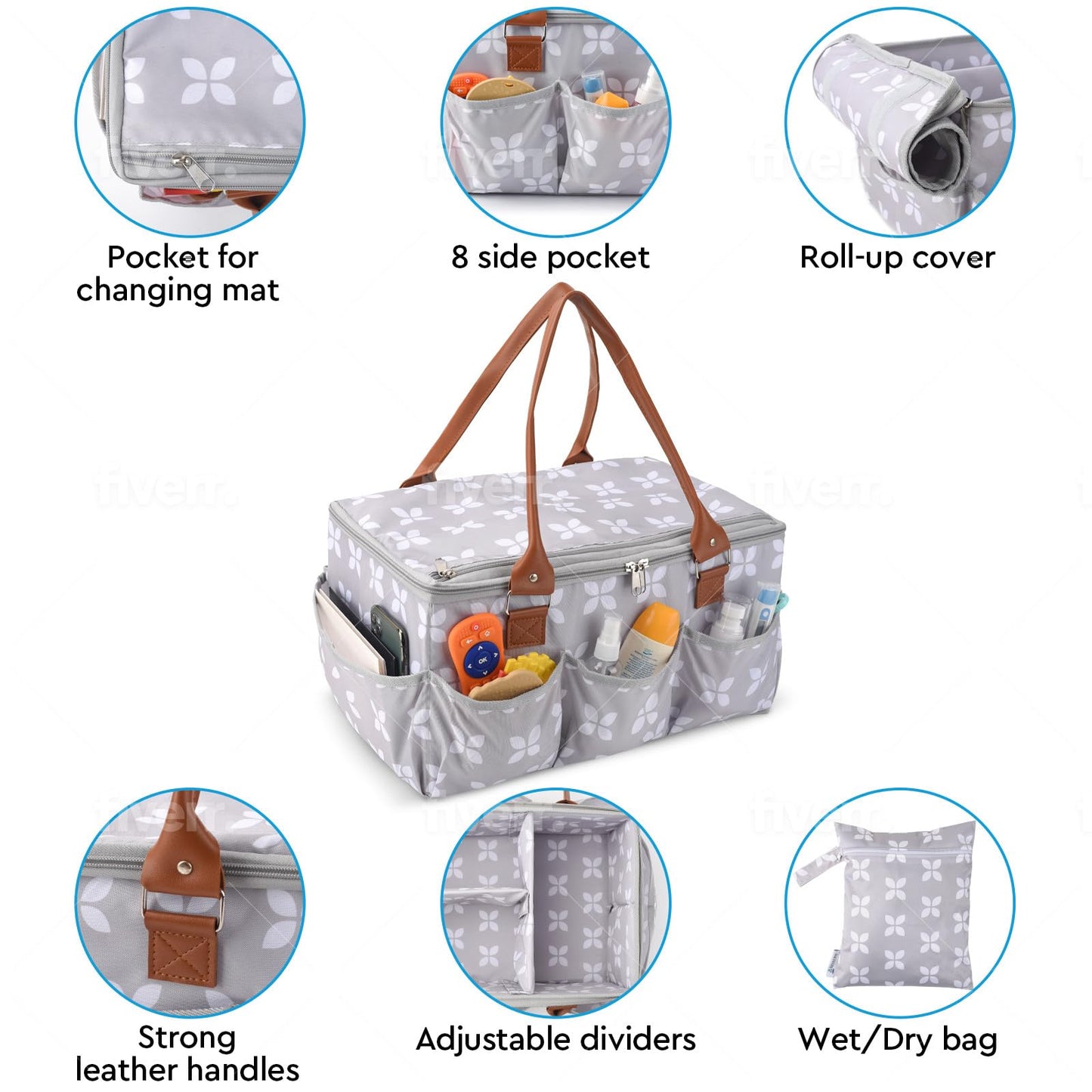 Moteph Diaper Caddy Organizer - Baby Caddy with Lid & Changing Mat, Car Diaper Caddy, Large Nursery Storage Diaper Tote Basket for Changing Table with Zip-Top Cover, Great for Baby Showers - Grey