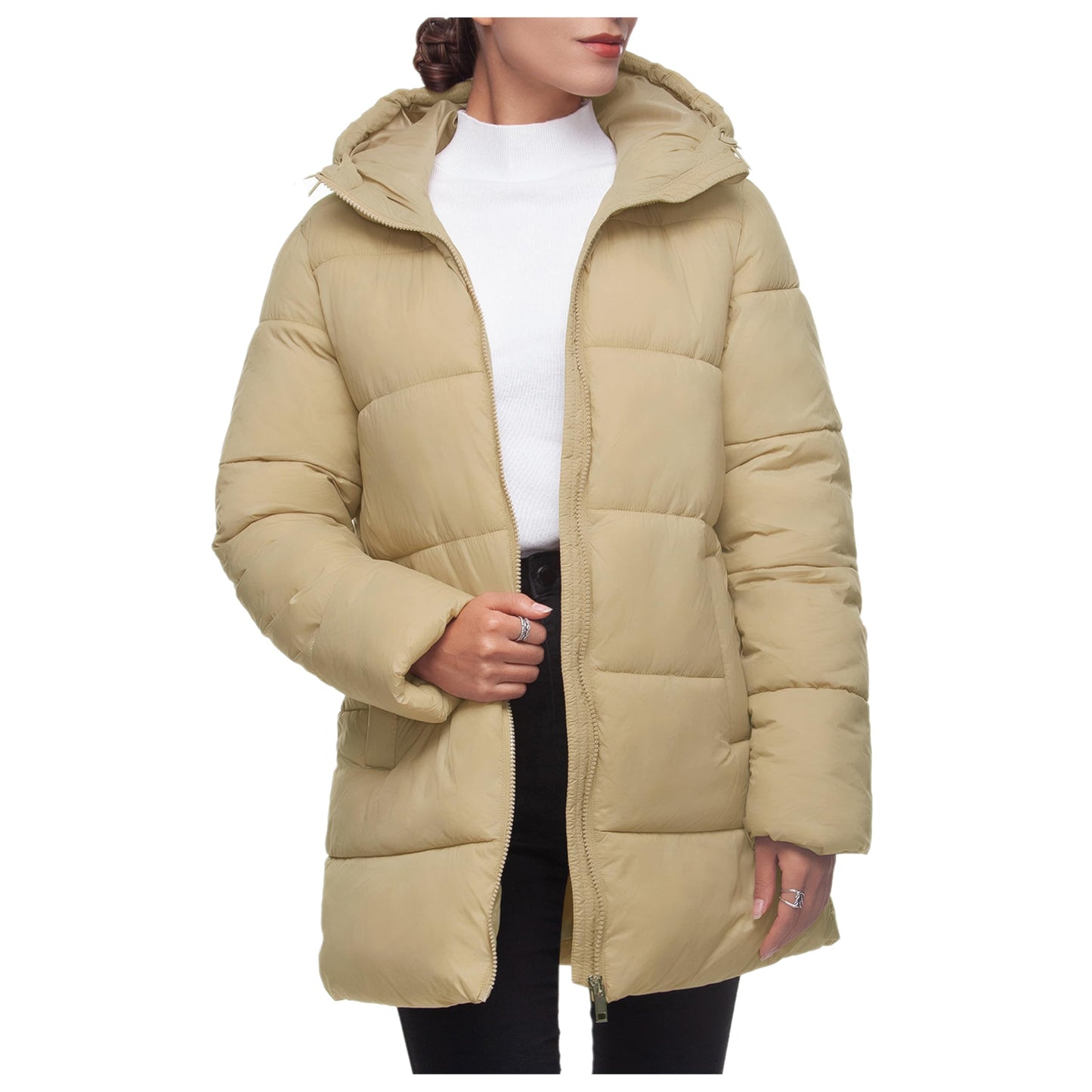 Rokka&Rolla Women's Lightweight Water-Resistant Puffer Jacket Hooded Winter Long Coat