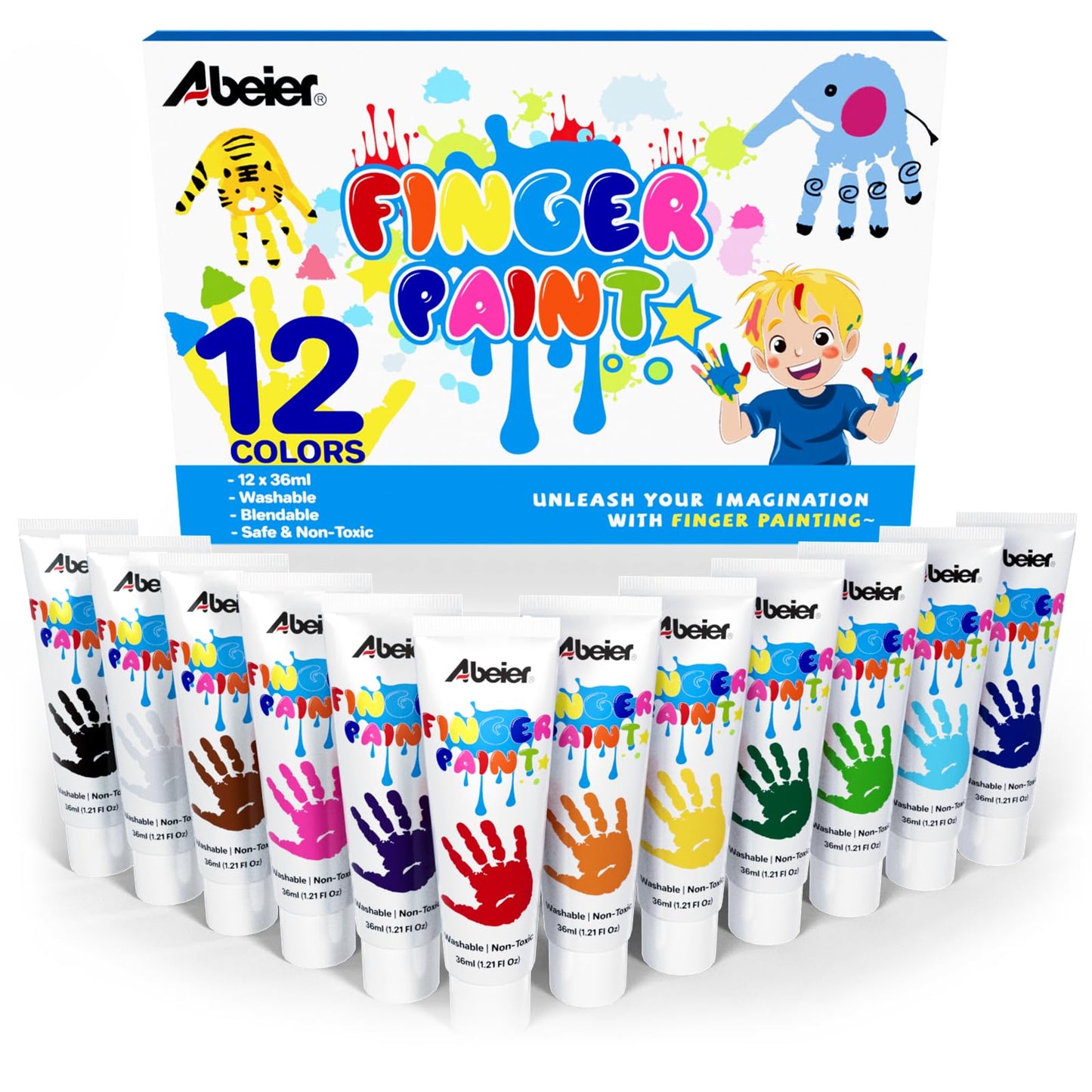 ABEIER Washable Finger Paint for Toddlers, Safe Non-Toxic, 12 Vibrant Colors (1.21fl oz), Baby Safe Paint for Hand and Feet, Mess Free Art Supplies for Kids, Preschool Learning Gifts, Ages 1-3 4 5 6+