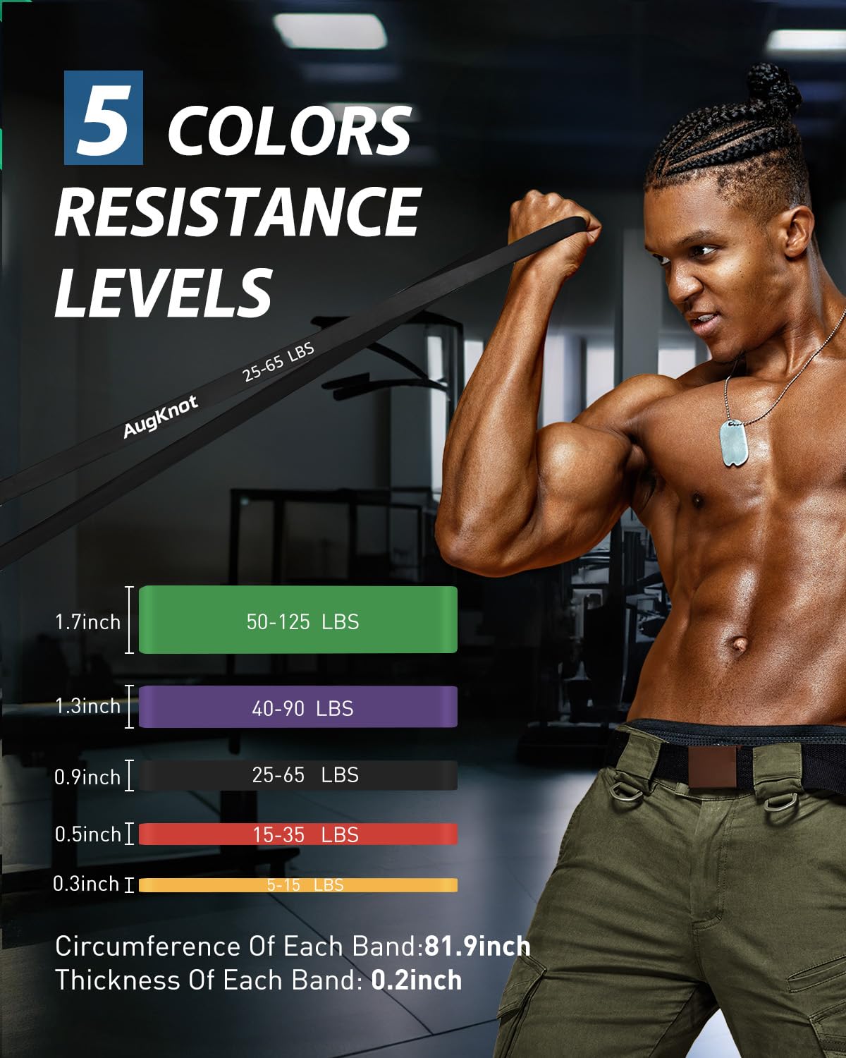 AugKnot Resistance Bands for Working Out: 5-Levels Exercise Bands Set - Pull Up Assistance Elastic Silicone - Physical Therapy/Stretching/Training - Home Gym for Women and Men Waterproof Lightweight
