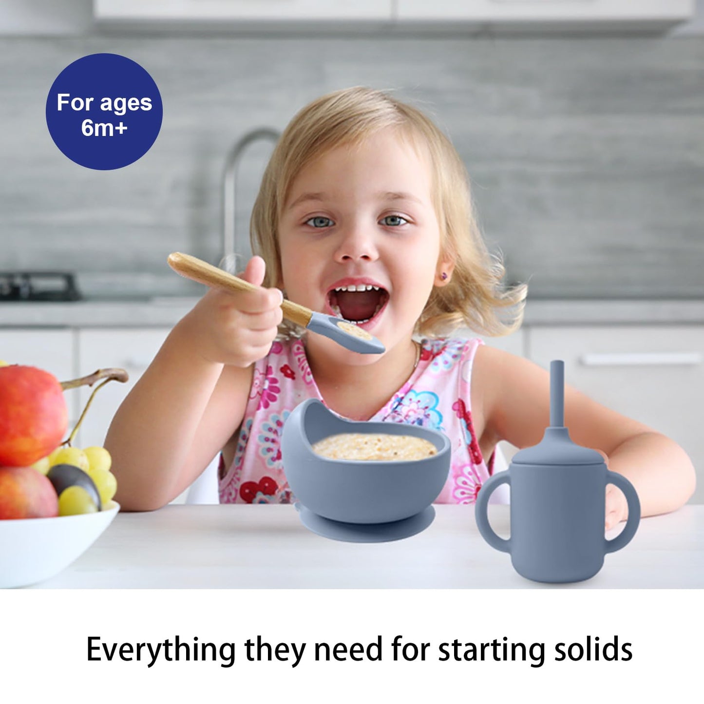 LITTLE RAWR Silicone Baby Feeding Set 14 Pcs,Baby Led Weaning Supplies, Baby Spoons Suction Bowl Divided Plate Bib Cup Finger Brush,First Stage Solid Food Eating Utensils - 6+ Months(Blue Gray)