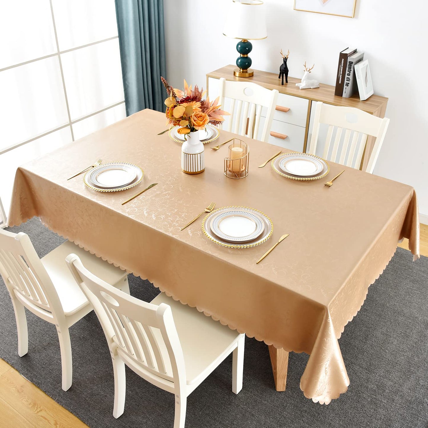 Romanstile Rectangle Vinyl Tablecloth,100% Waterproof Heavy Duty Oil Spill Proof Stain Resistant Plastic PU Table Cover with Flannel Backing for Kitchen, Dining (Flower Champagne, 60 x 120)