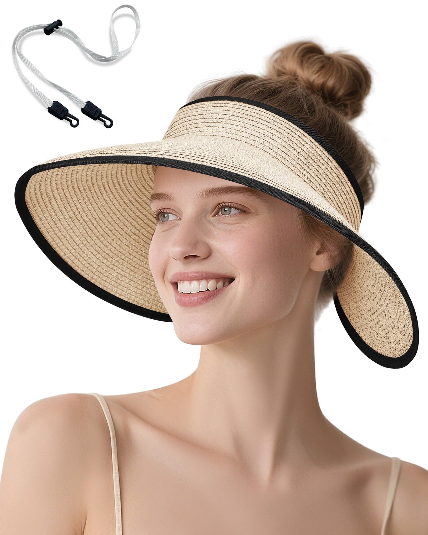Sun Visor Hat for Women, Wide Brim Straw Visors Beach Hat Roll Up Foldable Beach Visors Summer UV Protection