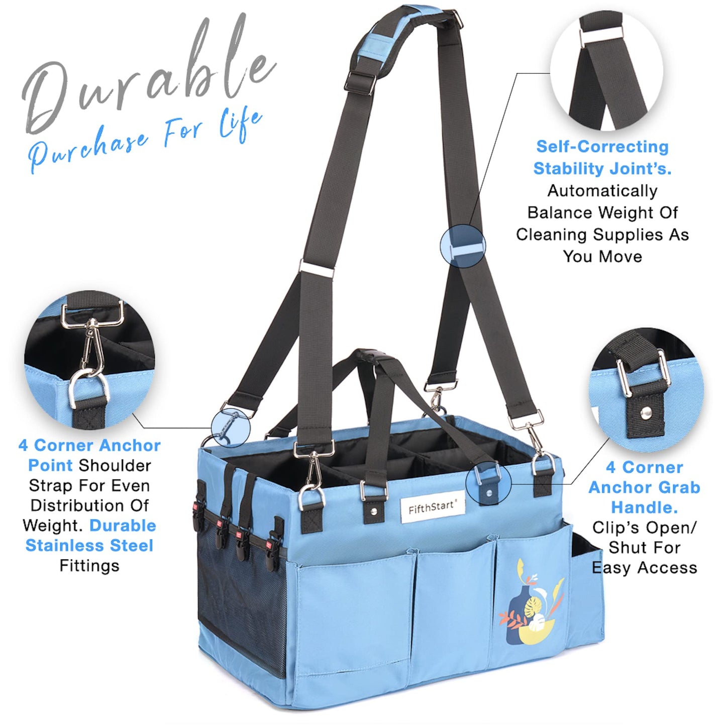 FifthStart Multiuse Cleaning Caddy with Waist & Shoulder Strap - Diaper Caddy & Beach Bag - 9 Pockets & Mesh Base - Blue, X-Large