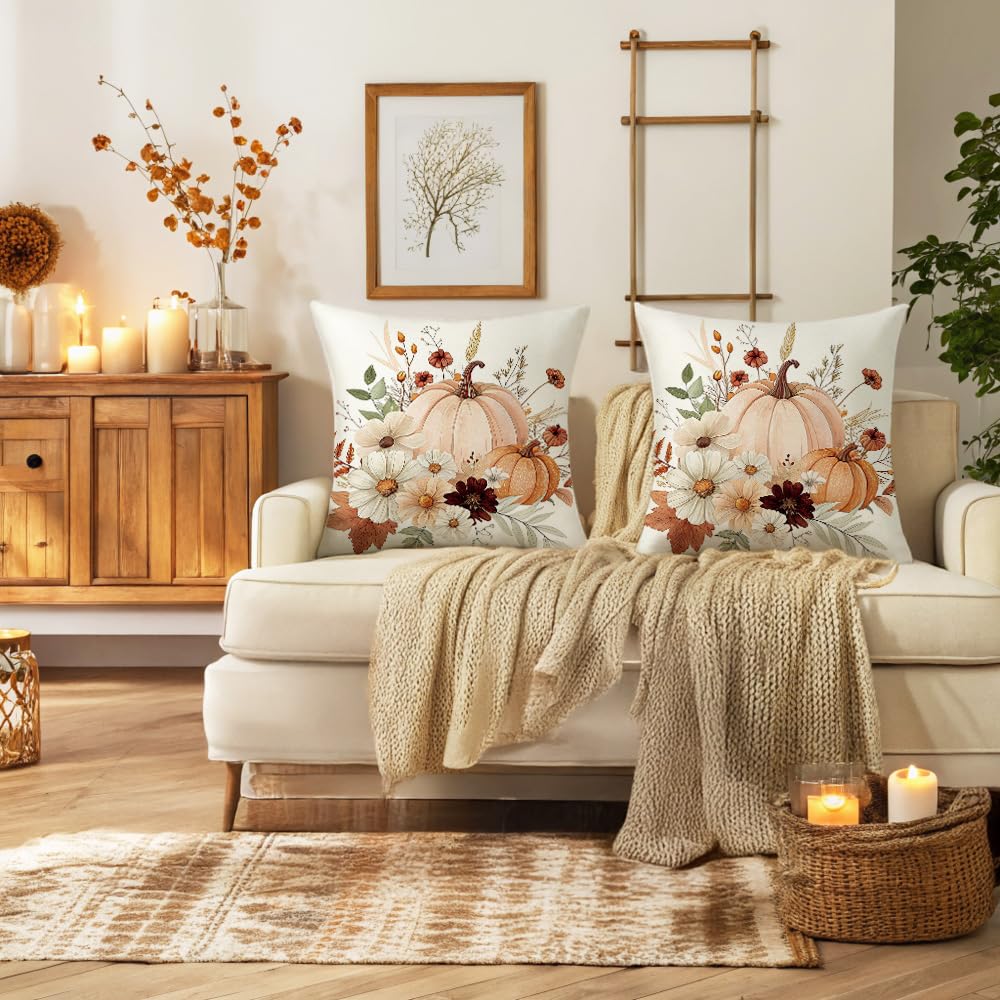 AMZDOTD Fall Pumpkin Pillow Covers 18x18 Inch Set of 2 Autumn Flower Pumpkins Throw Pillow Cover Indoor Outdoor Decorative Pillow Case Thanksgiving Harvest Cushion Case Sofa Couch Fall Decorations