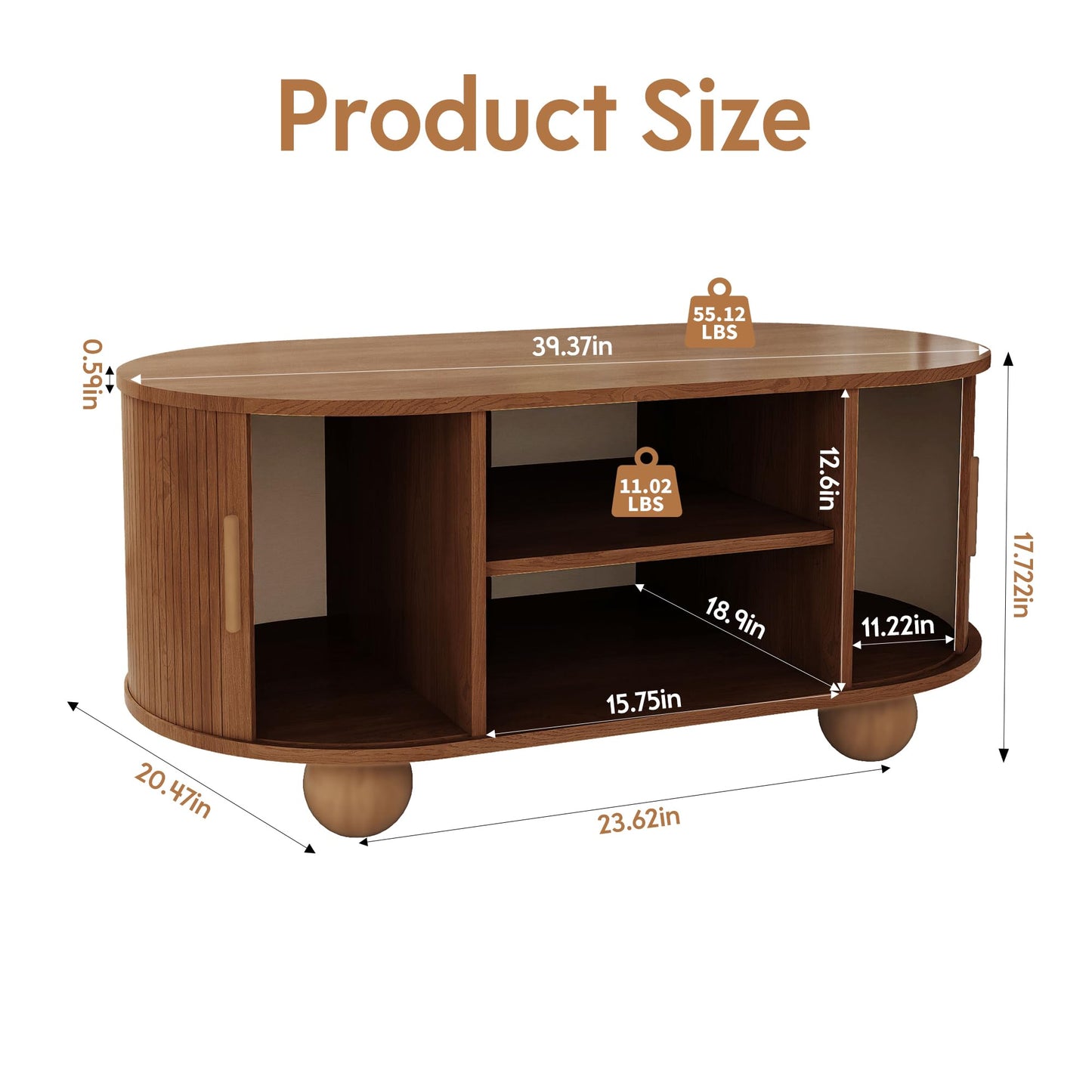 Rectangle Coffee Table, Mid-Century Modern Coffee Table with Storage & Sliding Doors, Fluted Coffee Table Center Table for Living Room, Dining Room, Apartment, Home Office (Walnut)