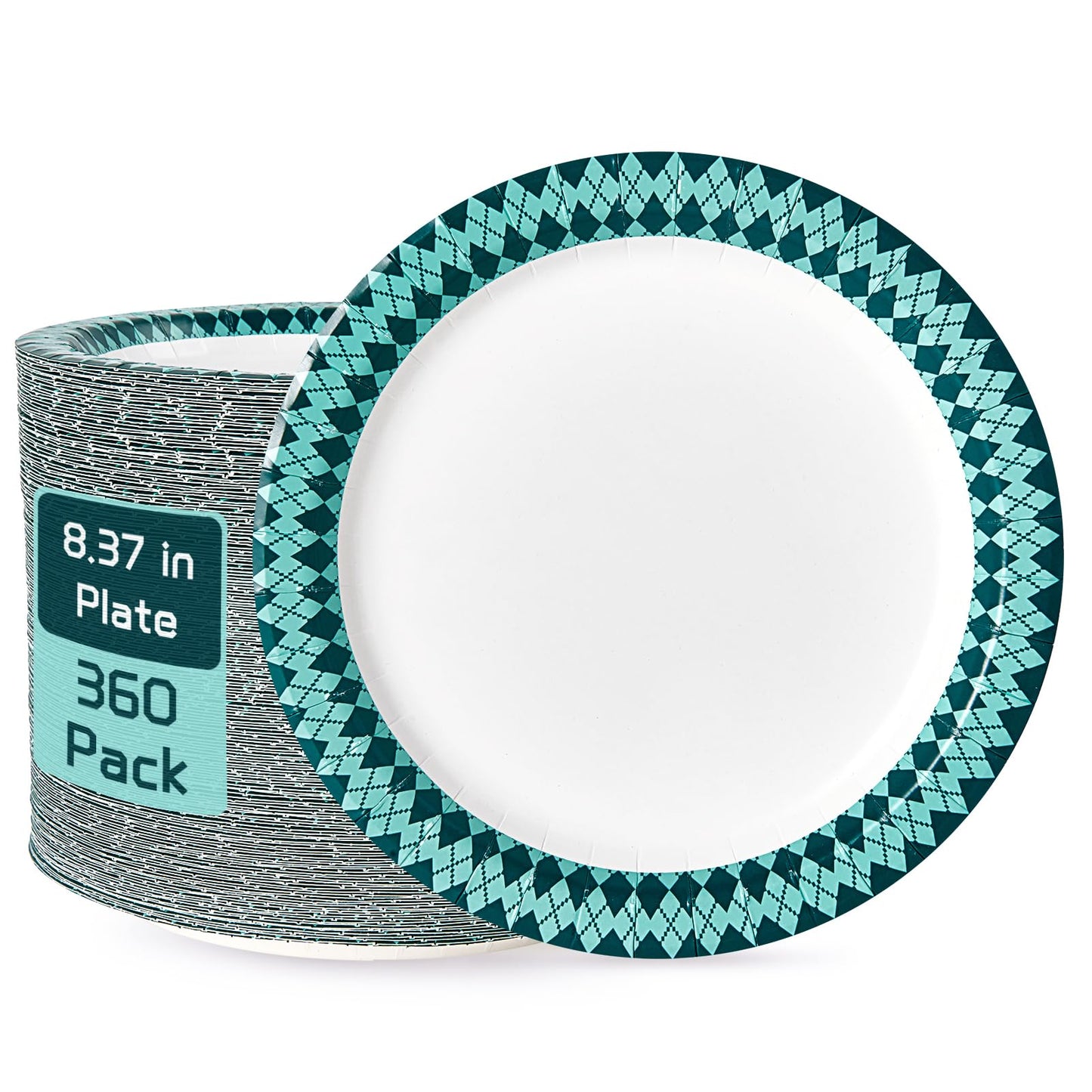 JOLLY PARTY Paper Plates Disposable, 360 Count 8.37 inch Dinner Plates, Soak Proof, Cut Proof for Everyday Use, Diamond Pattern Rim Design