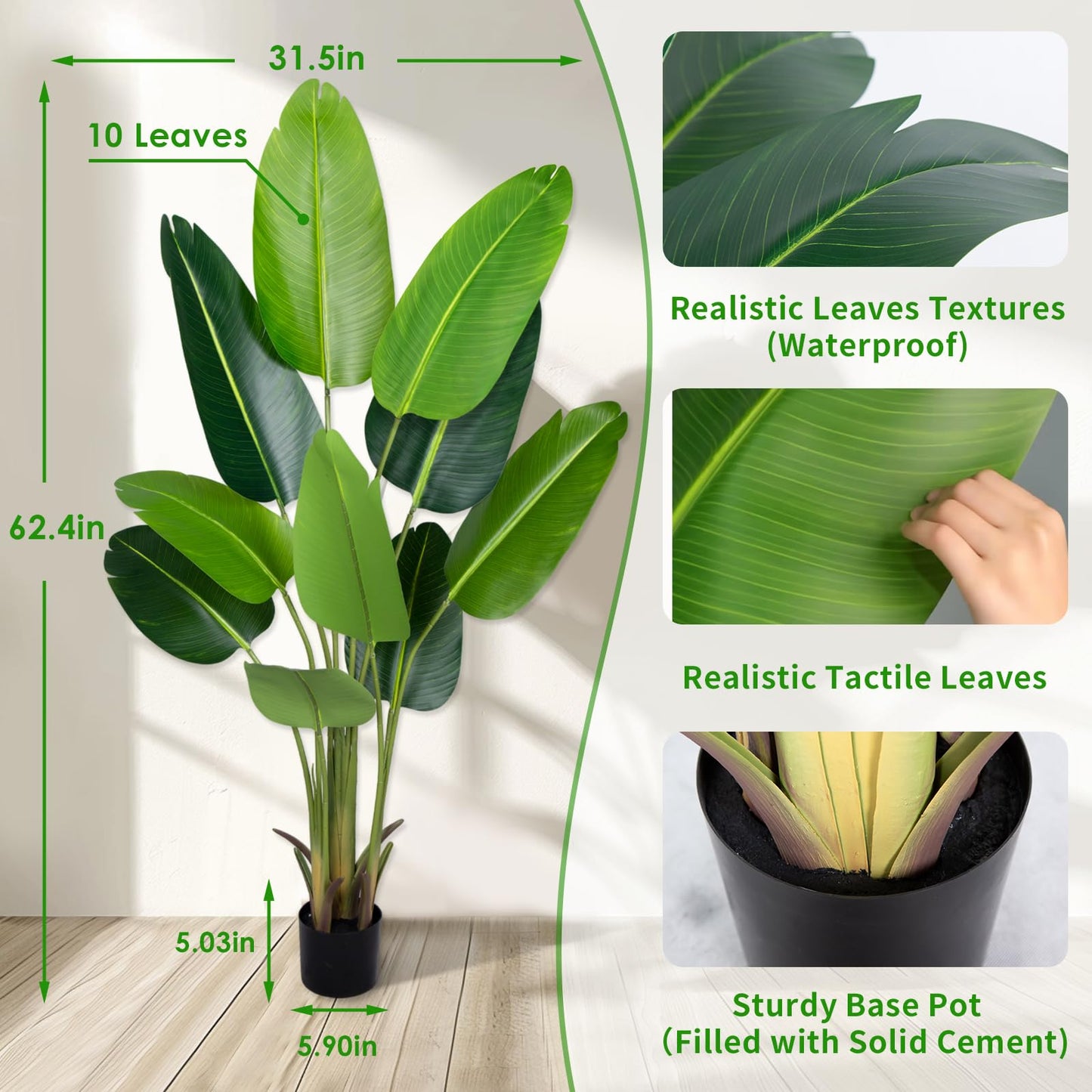 CETRD Artificial Bird of Paradise Plant 5.2Ft Fake Tropical Palm Tree with 10Trunks Faux Banana Leaf Trees in Pot for Home Indoor Outdoor Office Modern Decor Housewarming Gift(1Pcs)