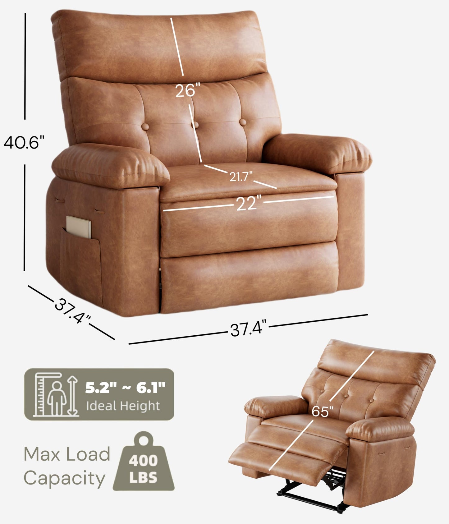 GarveeHome Oversized Recliner Chair - Faux PU Leather Manual Recliner for Adults, Lazy Chair with 1.5X Sponge Comfort Arm and Back for Living Room, Bedroom