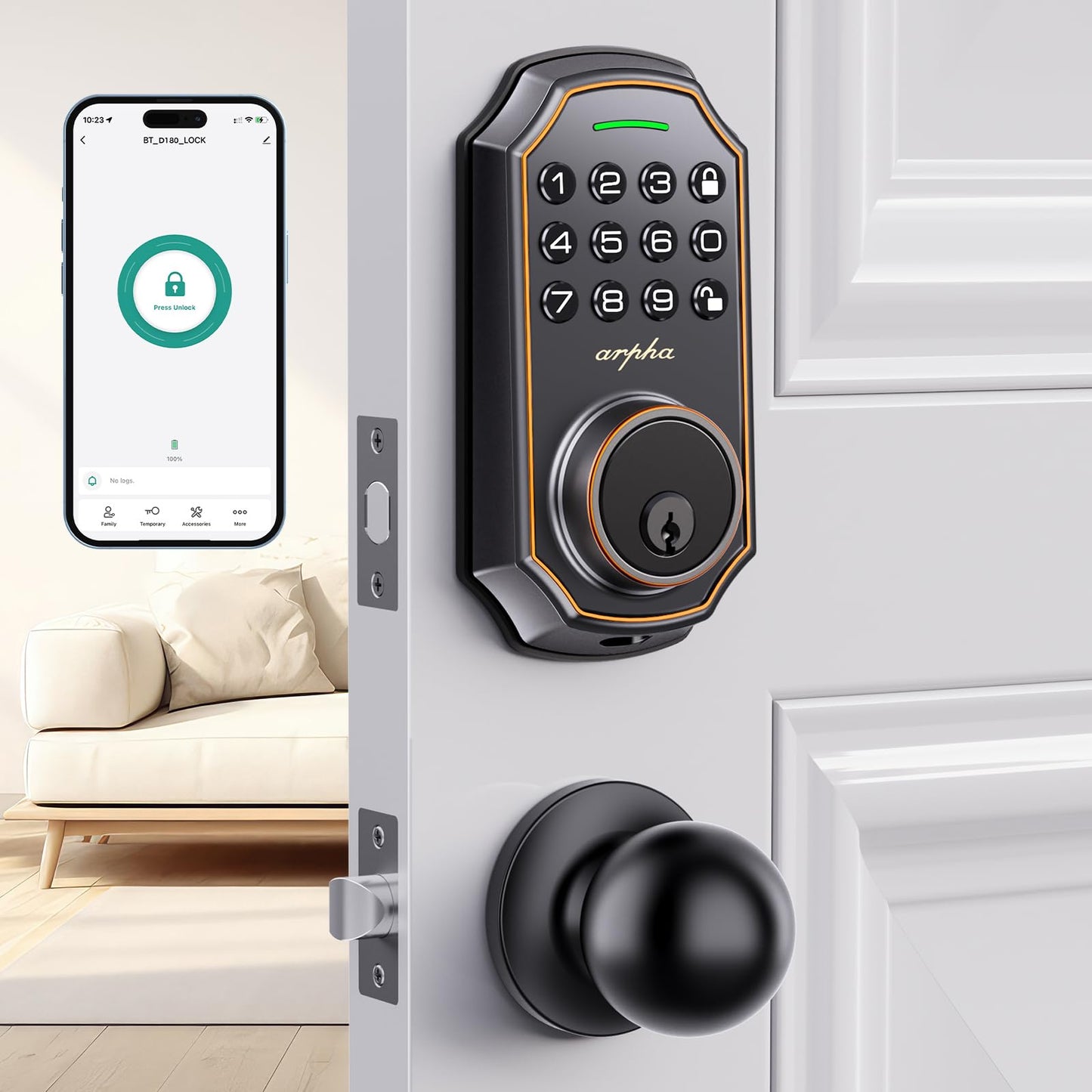 Keyless Entry Door Lock with 2 Door Knobs - App Control & Keypad Deadbolt Smart Locking, 100 User Codes, Anti-Peep Password, Auto Lock & One-Time Codes, Easy Install for Front Door Security (Bronze)