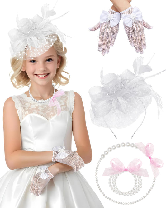 Girls Tea Party Fascinators Hats Lace Gloves Pearl Necklace Set for Wedding 1920s Tea Party Accessories (Blush Pink)