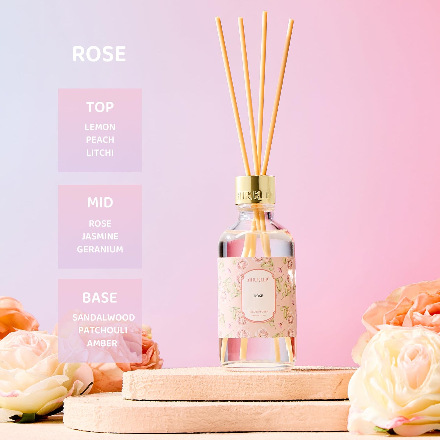 Airkeep Reed Diffuser Oil Set with Reed Sticks,Rose Aromatherapy Oil Scent Diffuser for Home Office Bathroom Decoration Perfume and Gifts 200ml/6.76 oz
