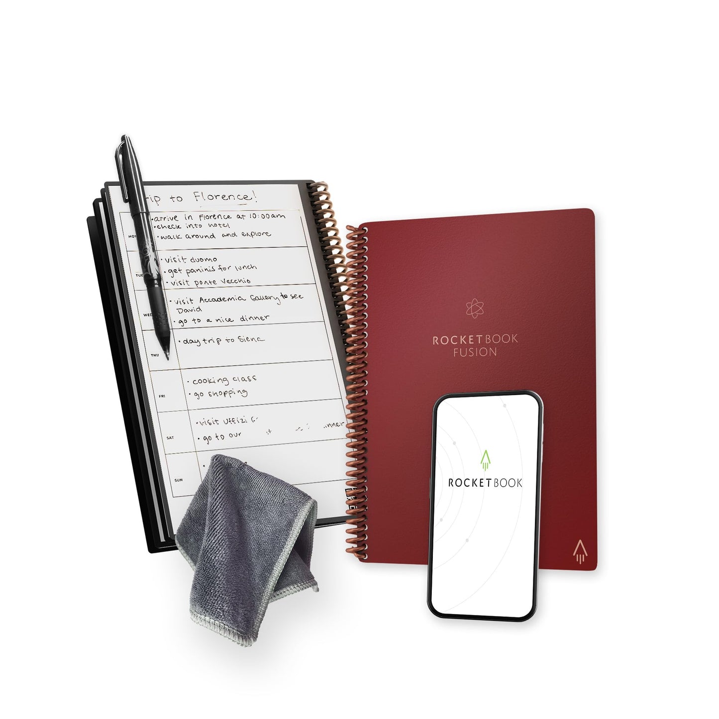 Rocketbook Fusion Smart Wiederverwendbares Notizbuch, To-Do-Listen & Notizvorlagen-Seiten | 1 Pilot Frixion Stift & 1 Mikrofasertuch, Executive - Rot