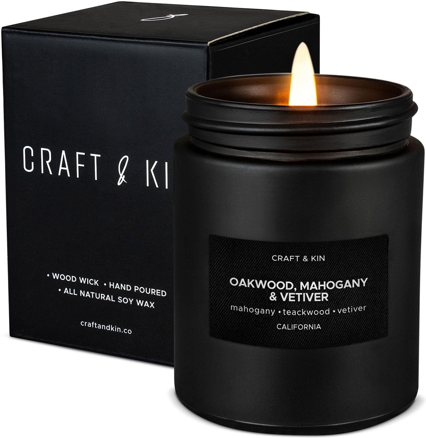 Craft & Kin Premium Smoke & Vanilla Candle | Black Scented Candles for Men | Long Lasting with 45 Hour Burn Time, 7.6oz | Made with Soy | Aromatherapy at Home | Gifts for Men