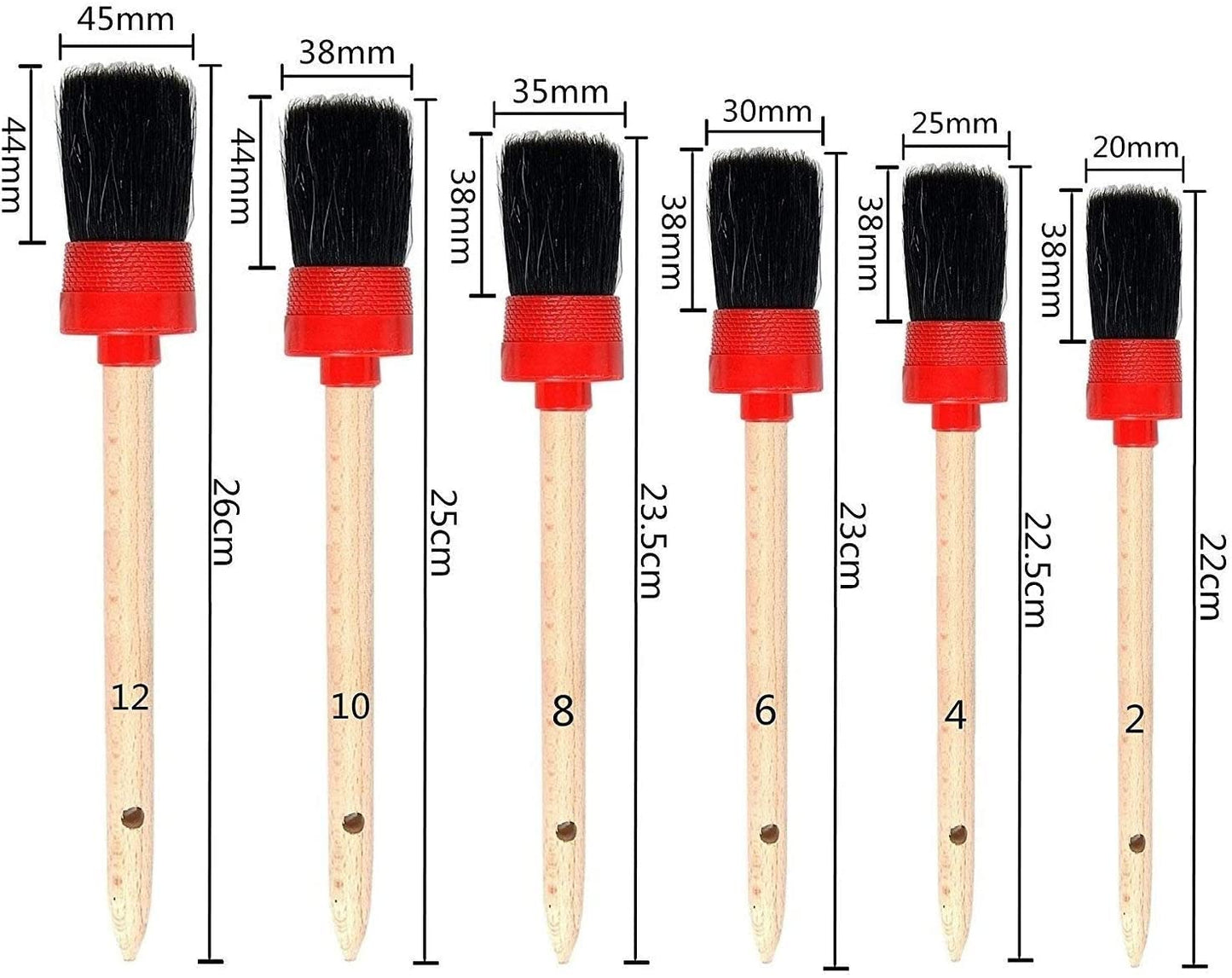 Nurkul 11Pcs Auto Detailing Set, Boar Hair Brushes, Steel Wire & A/C Brushes, Red, Soft Bristles, Wood Handles for Cleaning Interior, Exterior, Leather, 6 Sizes