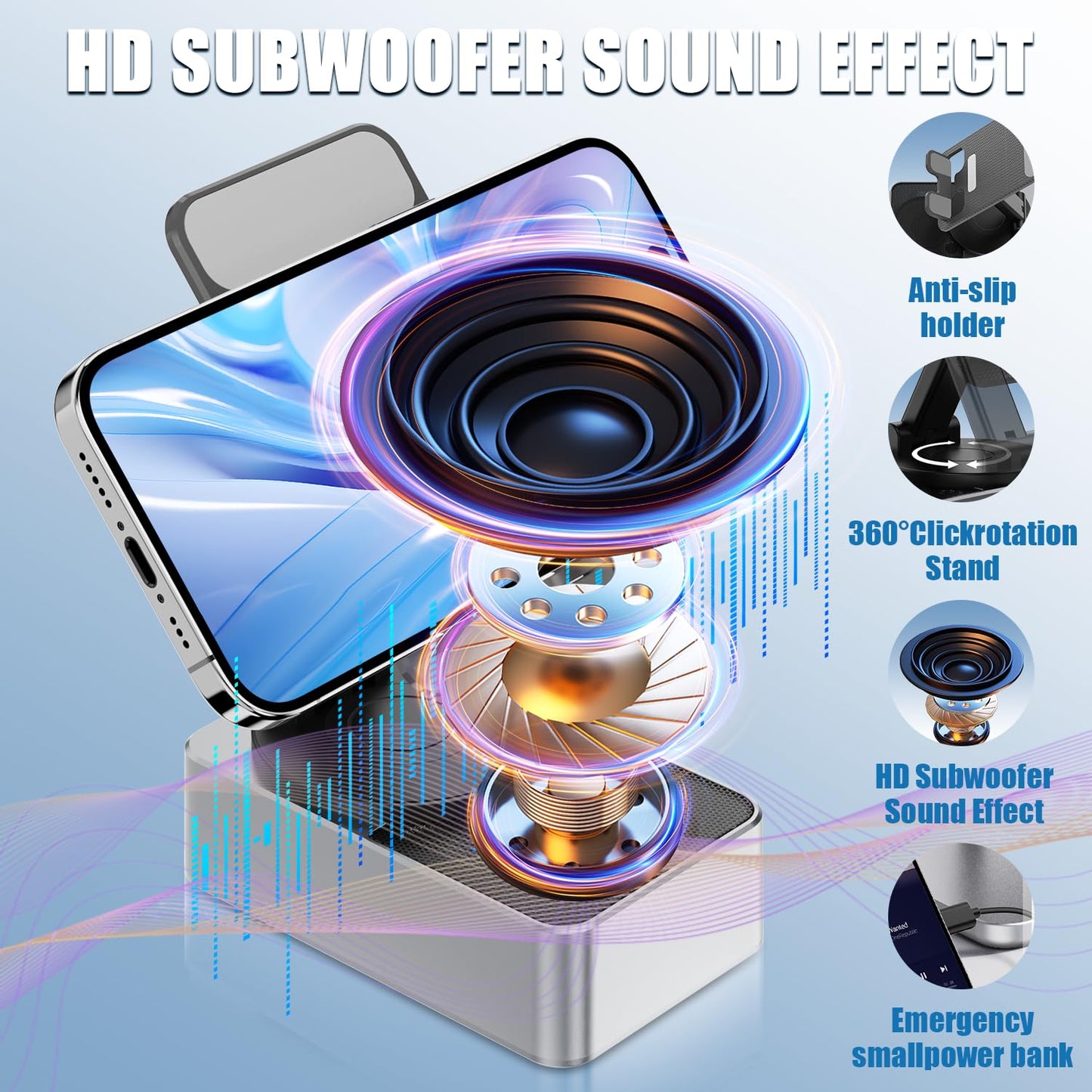 HCRTGAY Induction Speaker, Cell Phone Stand with Wireless Bluetooth Speaker, HD Surround Sound & Led Color Changing Light, Gifts for Men, Compatible with iPhone/Android (Gray-01)