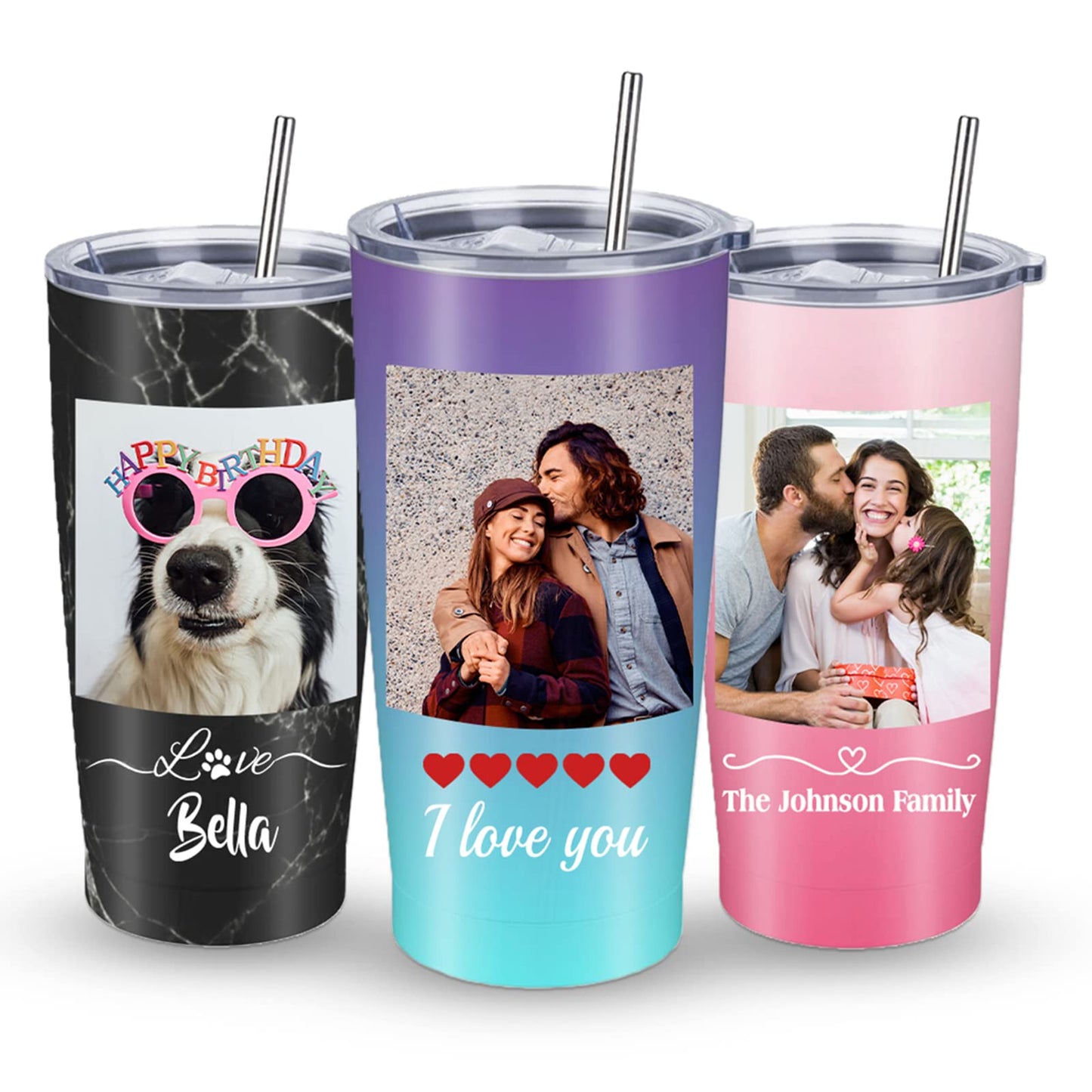Personalized Skinny Tumbler with Lid and Straw Custom Cups with Photo Name Text Customized Print Picture Cup Gifts for Christmas Birthday for Dad Mom Friends Men Women