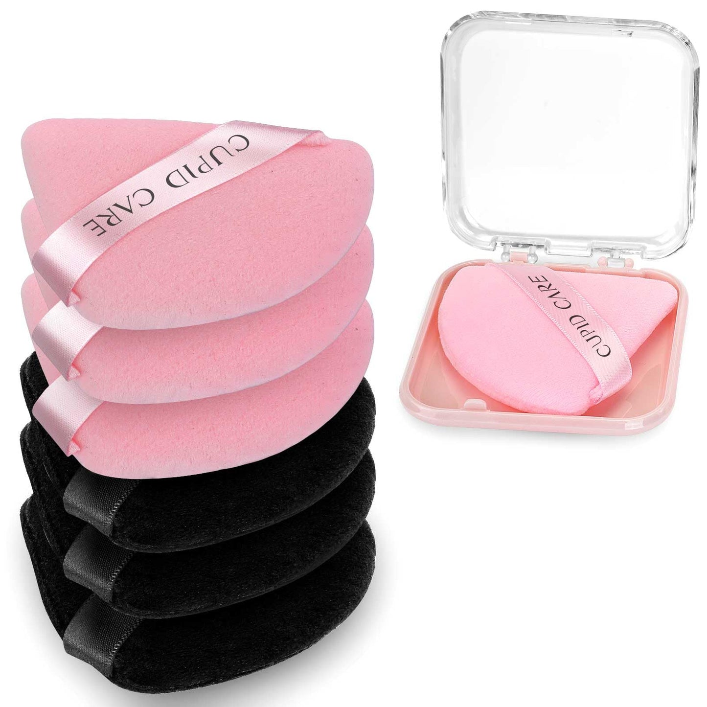 CUPID CARE 6 Pcs Triangle Powder Puff with 2 Travel Cases, Setting Powder Puffs for Face, Velour Makeup Puff for Loose Powder Body Powder, Blender Sponge Foundation Blending Sponges Beauty Tools
