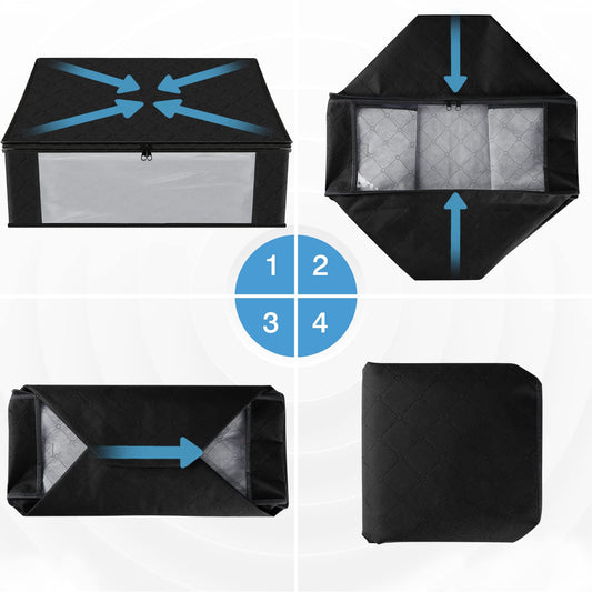 HomeHacks 6-Pack Clothes Organizer Storage Bags Foldable Storage Box with Large Clear Window Sturdy Handles for Closet, Dorm, Pillows, Bedding, Clothes, Stuffed Toys, Blankets, 35L, Black