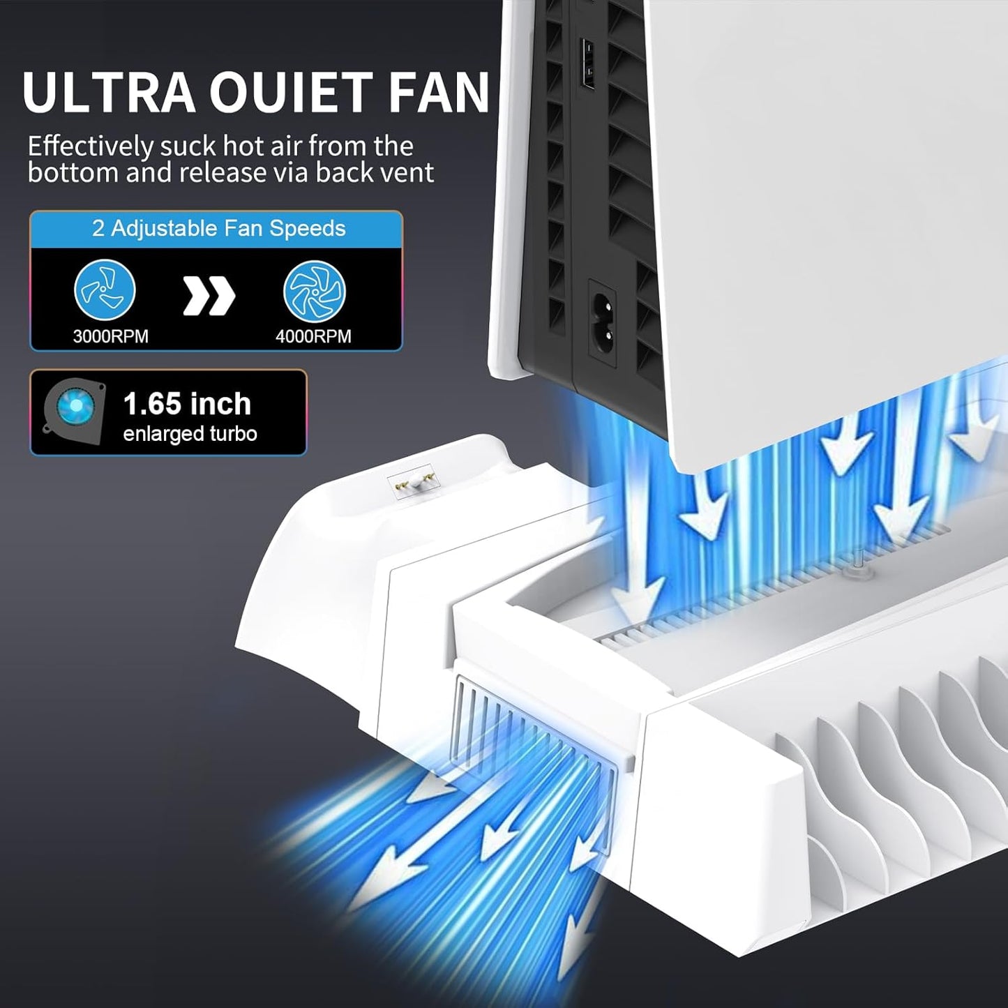 PS5 / PS5 Slim Cooling Station with Controller Charging Station, Cooling Stand for PlayStation 5 Console, PS 5 Dock Accessories Organizer with Storage Slot, PS 5 Cooler Fan, Headset Holder, 4 USB Hub