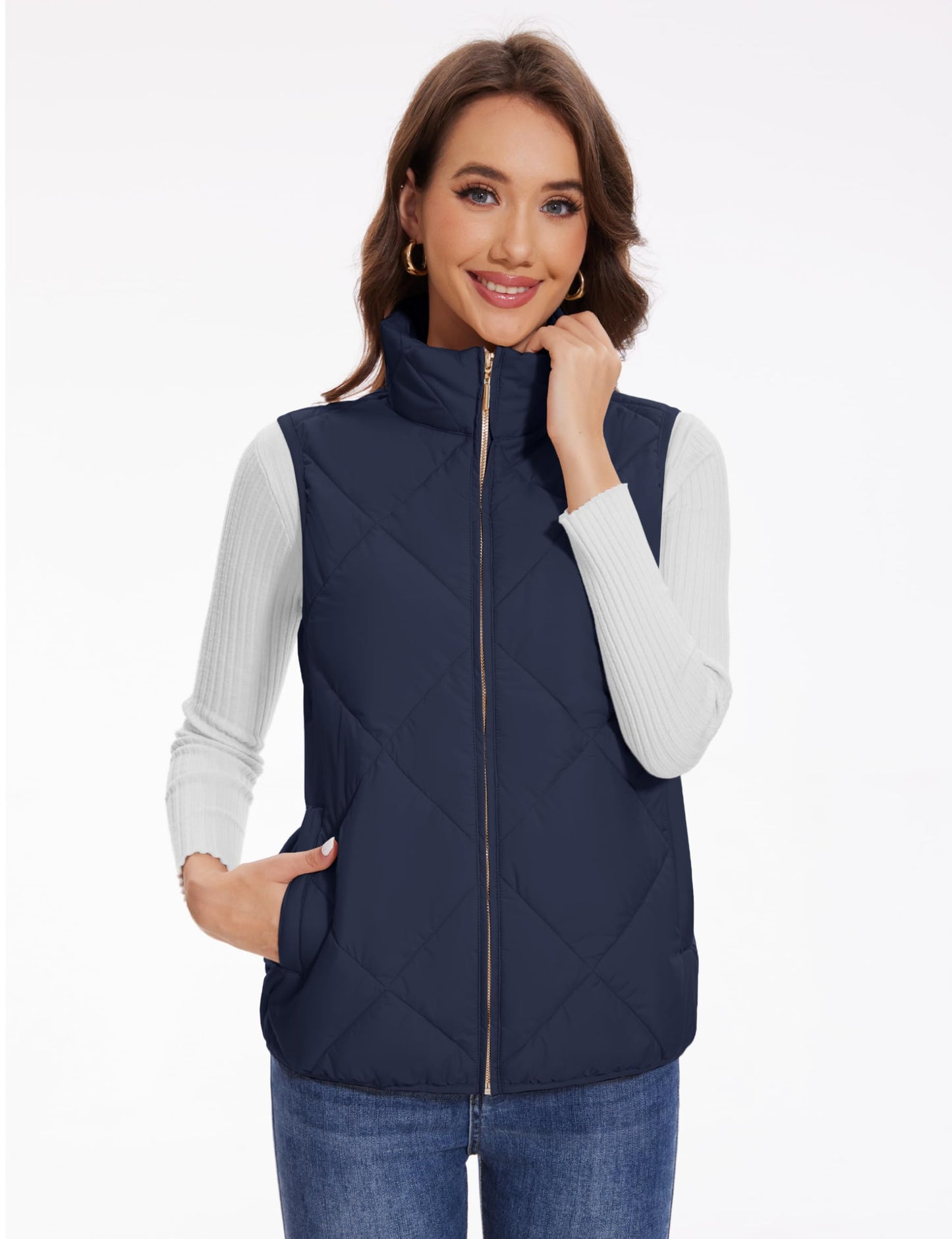 YUCOLEN Womens Quilted Vest 4 Pockets Zip Up Puffer Vests Lightweight Sleeveless Winter Warm Stand Collar Puffy Jacket Padded Outerwear Navy blue XL