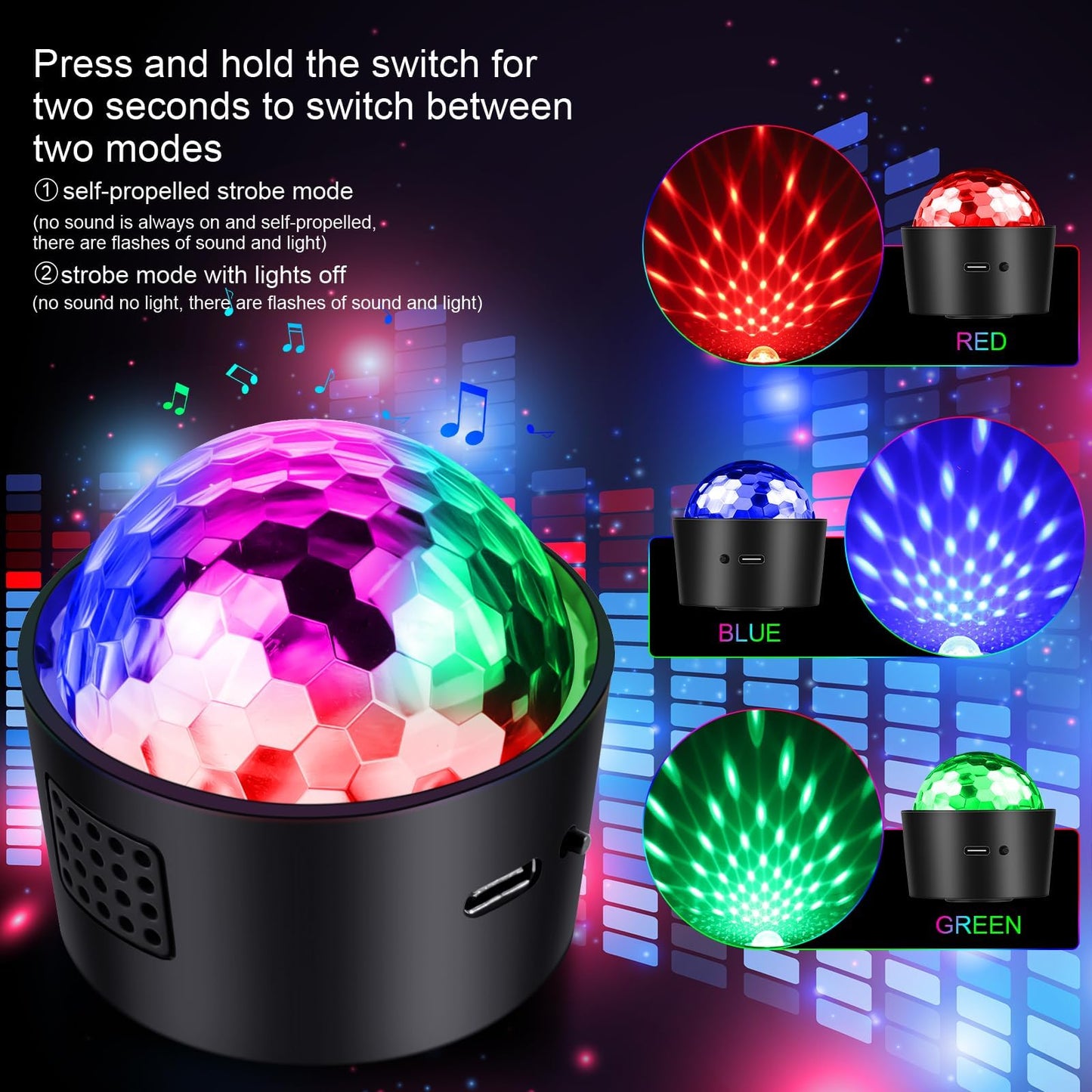 Wiwreenm Mini Disco Ball Light,Rechargeable Party Lights,Sound Activated Strobe DJ Light,Portable Battery Operated,Night Lights Projector for Kids,Disco Atmosphere Decoration for Car/Parties