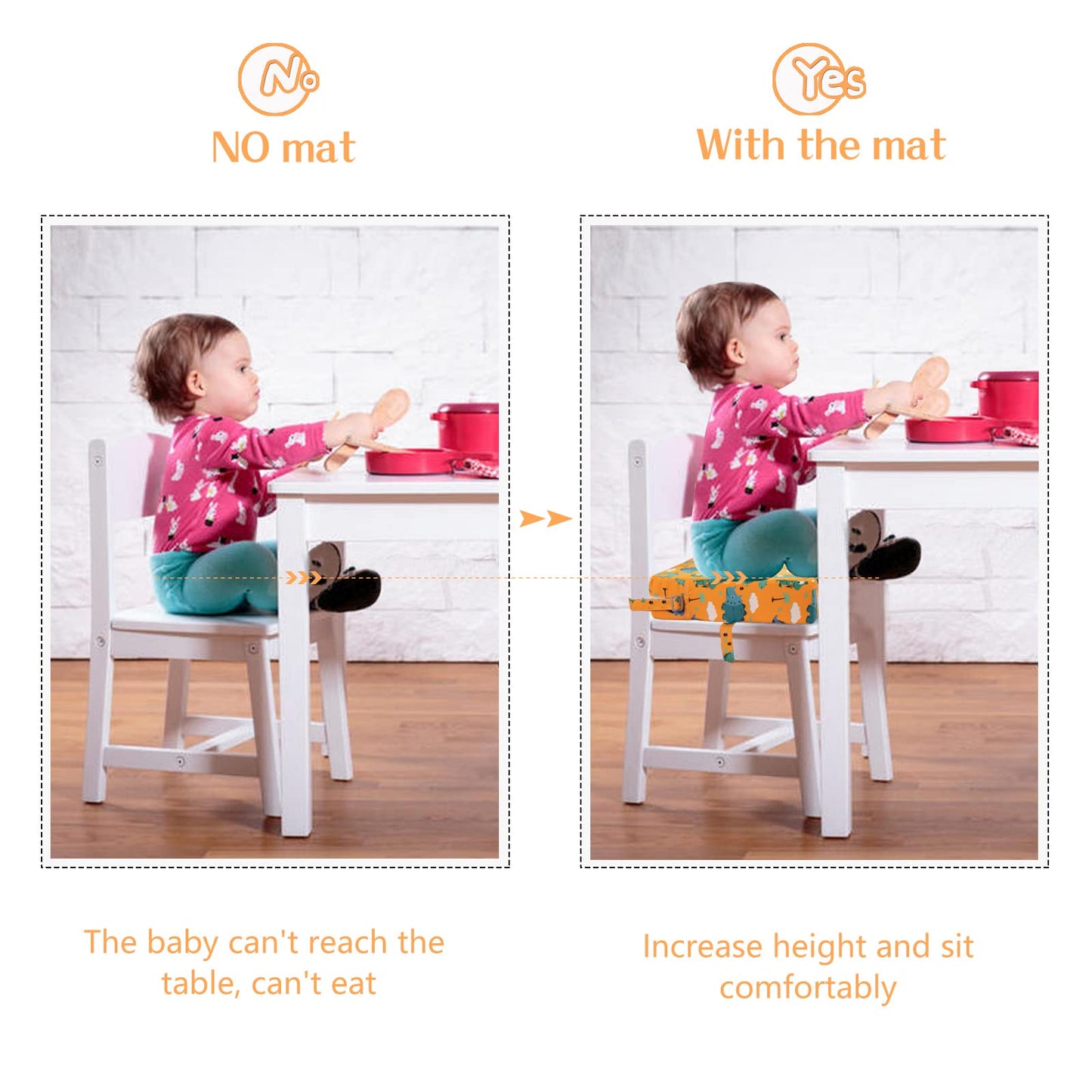 Toddler Booster Seat for Dining Table Kitchen Chair, Stronger Support Double Safe Straps Portable Booster Seat Dining Toddler, High Cushion for Travel Home with Non-Slip Bottom (Orange)