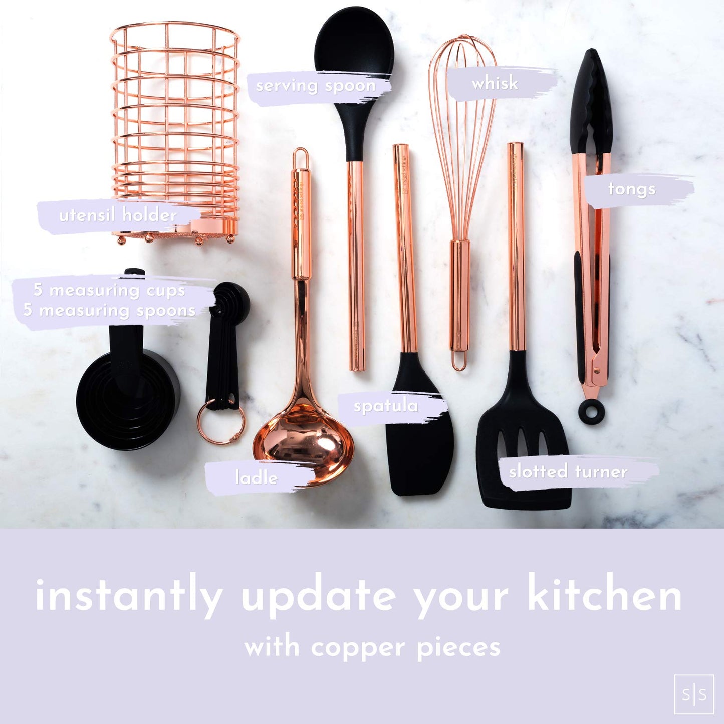 Black and Copper Kitchen Utensils with Holder - 17-Piece Set with Measuring Cups and Spoons, Rose Gold Cooking Tools - Stylish Black and Copper Kitchen Accessories for Modern Cooking and Baking