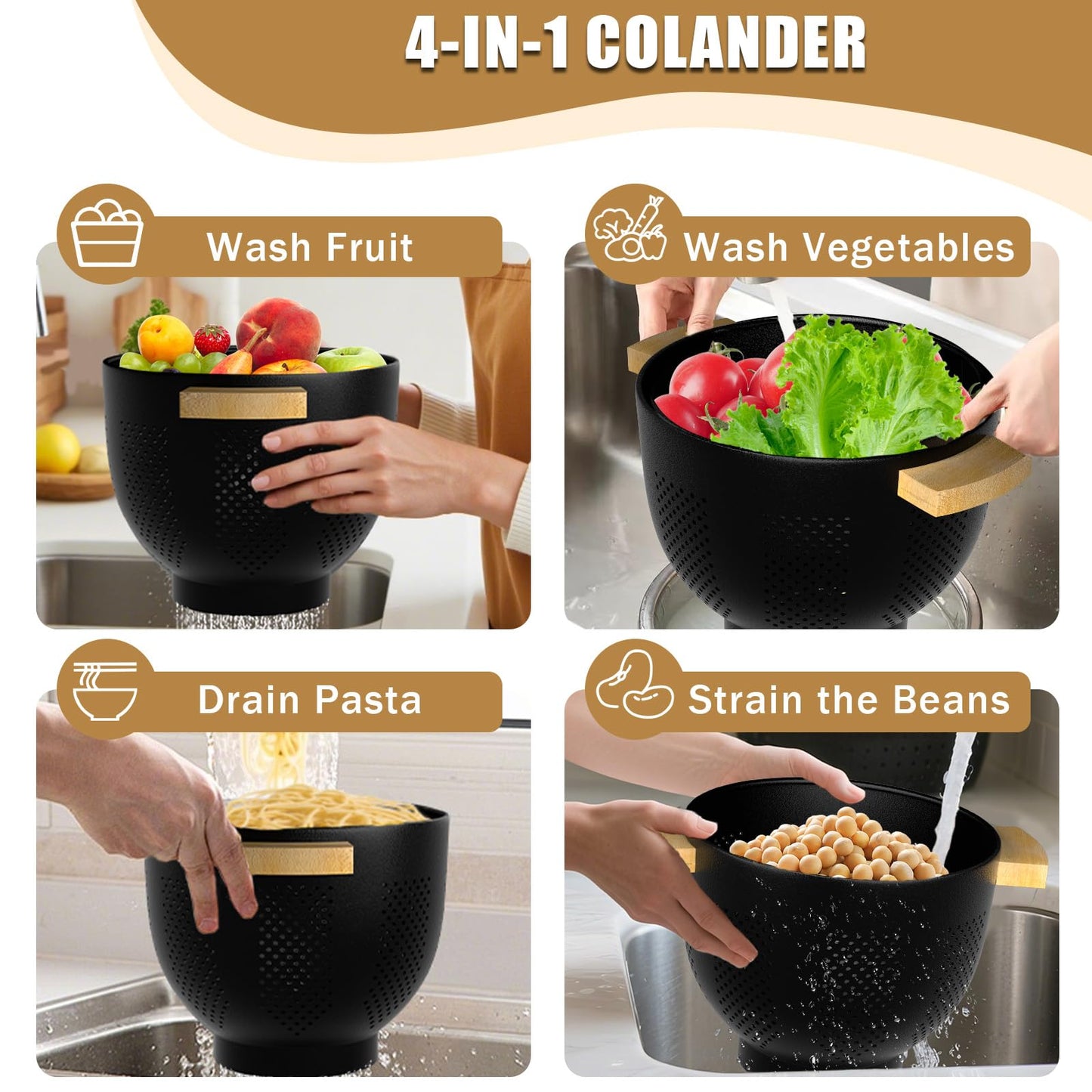 Colander for Kitchen - Strainers and Colanders - 6 Quart Large Metal Colander with Wood Handle - Food Strainer Basket for Draining Pasta, Vegetable & fruit, Kitchen Gadgets Matte Black