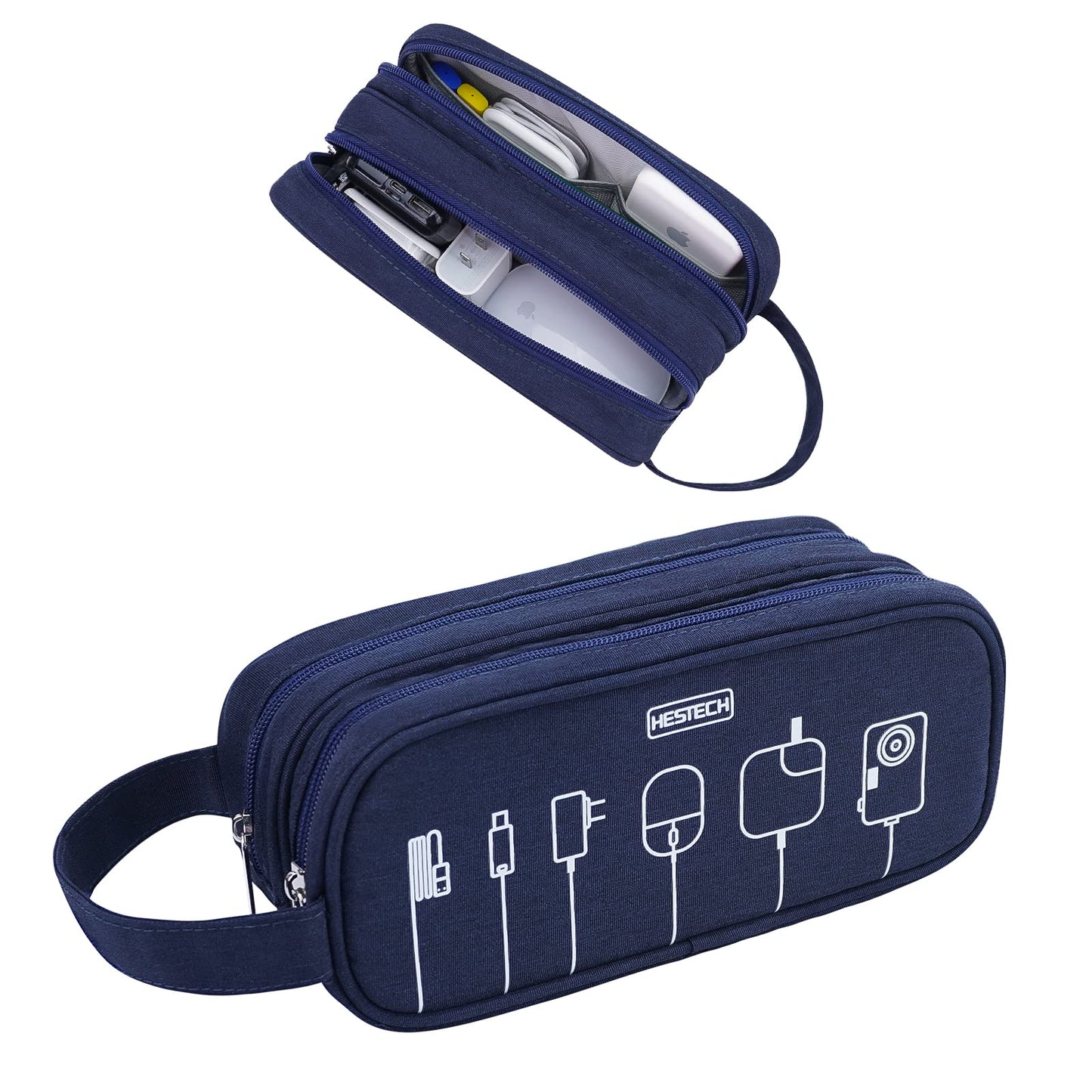 HESTECH Electronics Organizer Travel Charger Case Cord Cable Organizer Bag Portable Waterproof Double Layers All-in-one Storage for Charger Mouse Earbud USB Drive (Navy Blue, Medium)